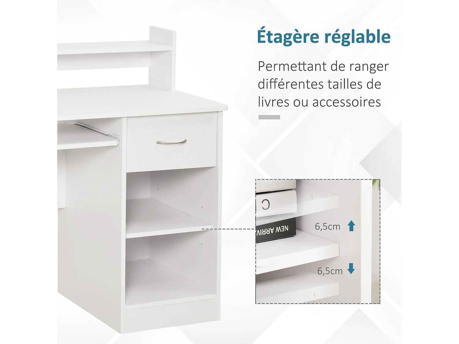 Bureau informatique multimédia multi-rangements panneaux particules blanc