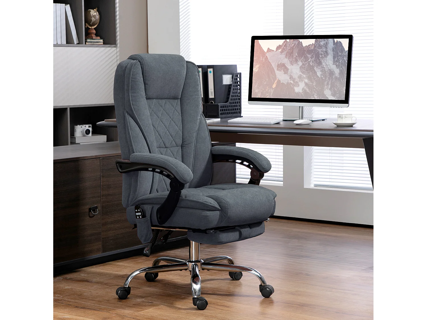 Fauteuil de bureau manager massant chauffant inclinable réglable télécommande repose-pieds rétractable velours gris bleuté