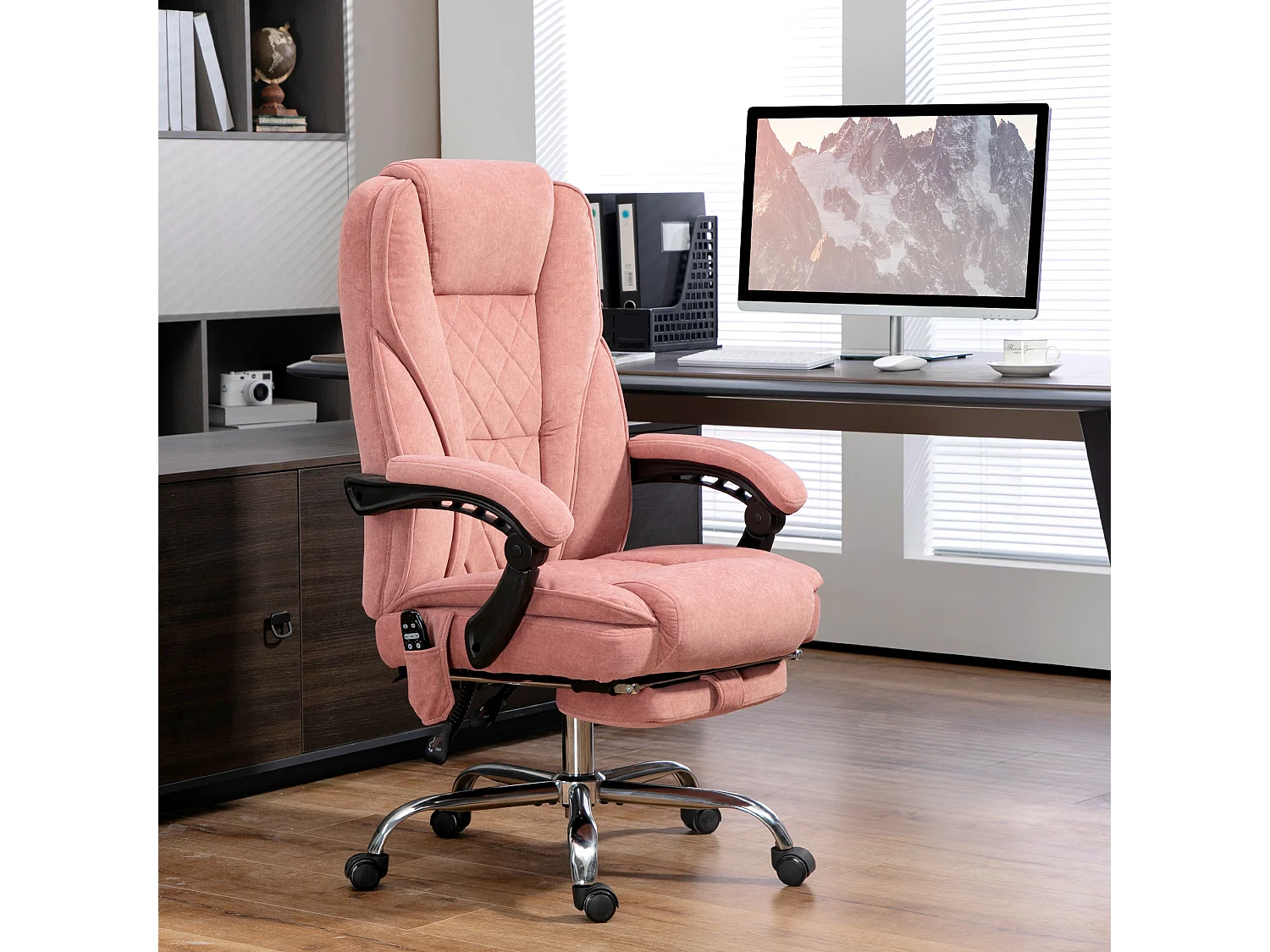 Fauteuil de bureau manager massant chauffant inclinable réglable télécommande repose-pieds rétractable velours rose poudré