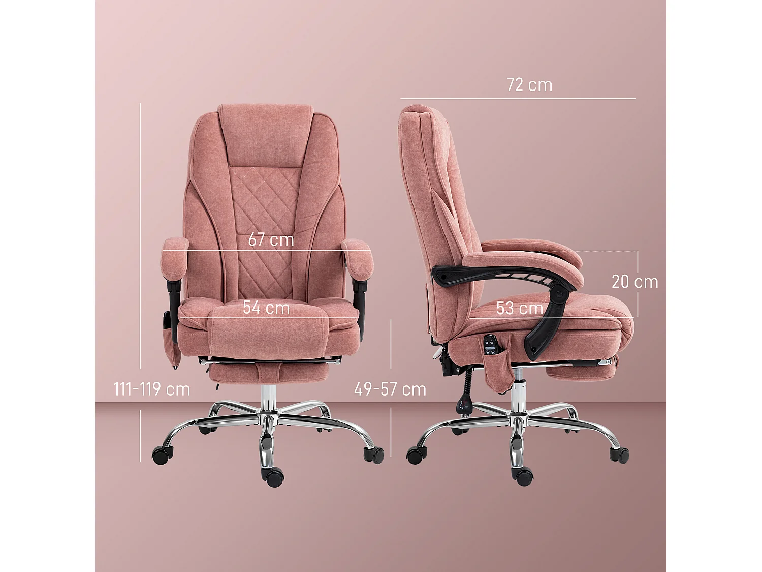 Fauteuil de bureau manager massant chauffant inclinable réglable télécommande repose-pieds rétractable velours rose poudré