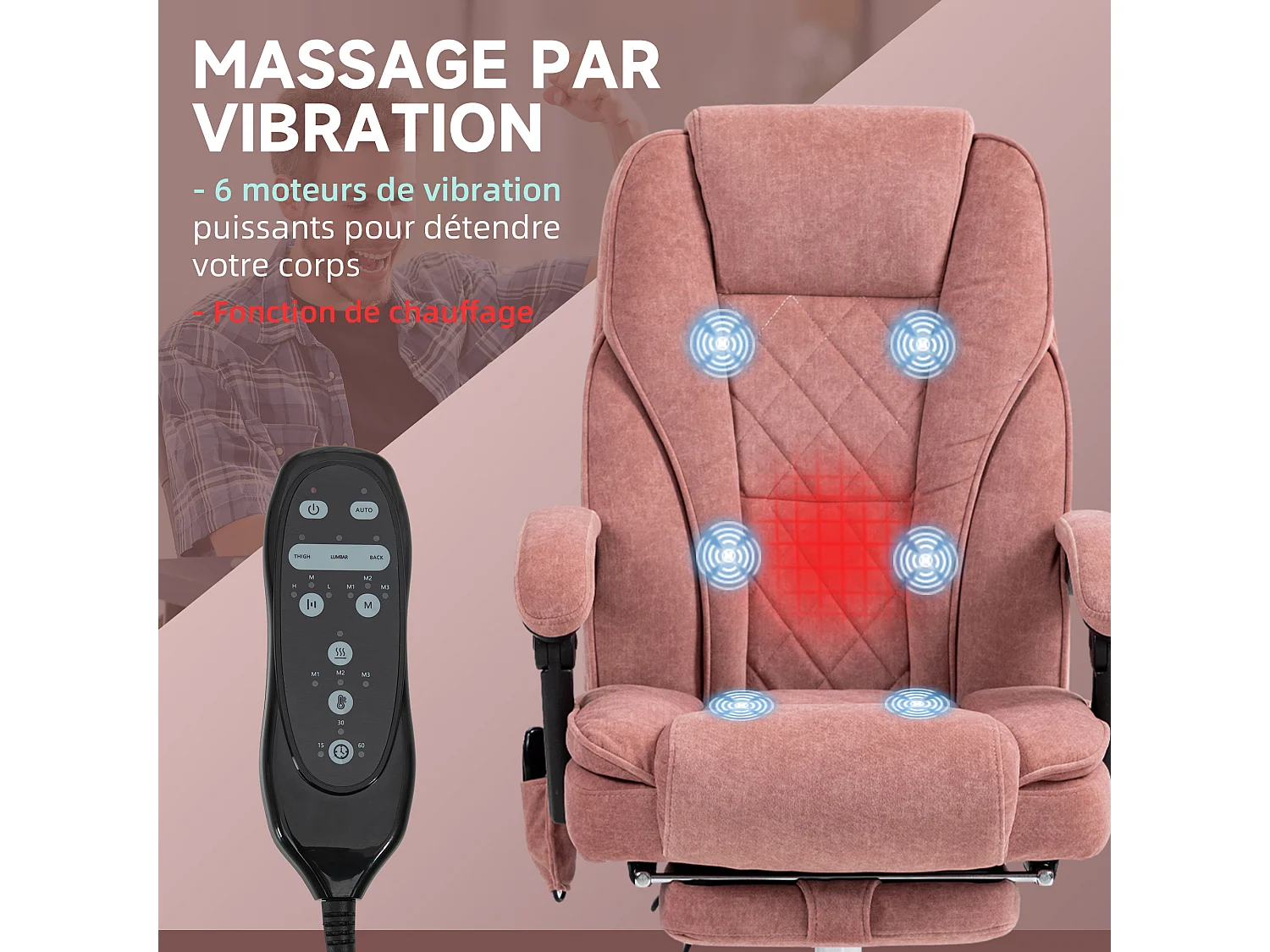 Fauteuil de bureau manager massant chauffant inclinable réglable télécommande repose-pieds rétractable velours rose poudré