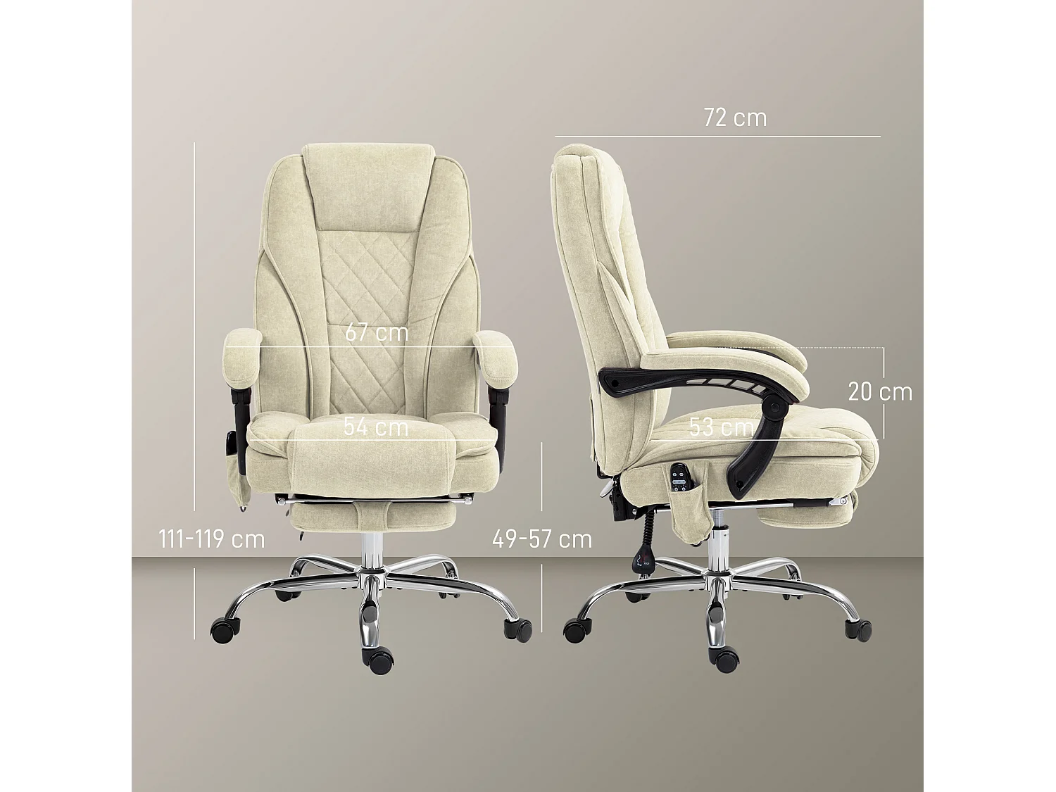 Fauteuil de bureau manager massant chauffant inclinable réglable télécommande repose-pieds rétractable velours beige sable