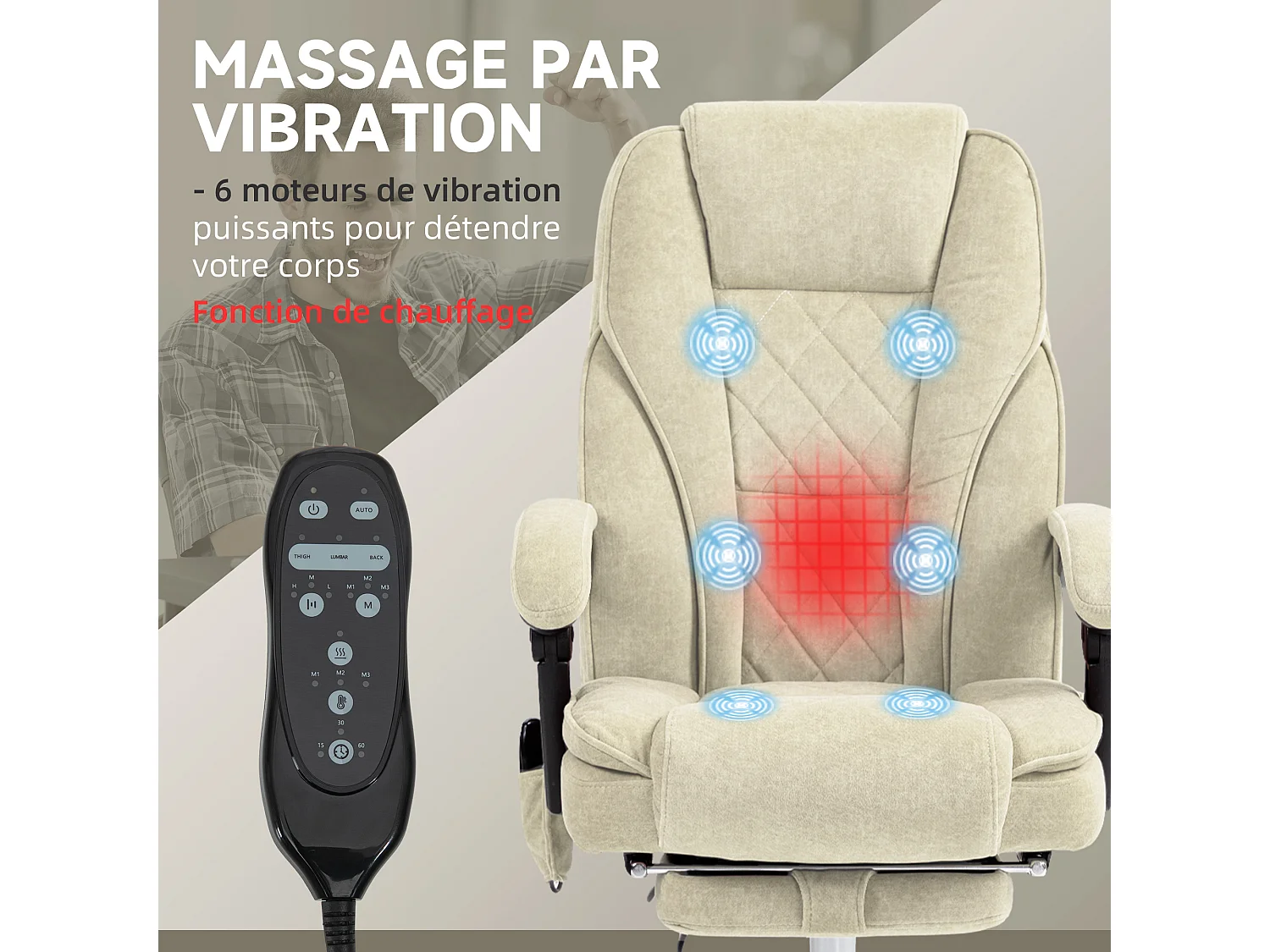Fauteuil de bureau manager massant chauffant inclinable réglable télécommande repose-pieds rétractable velours beige sable