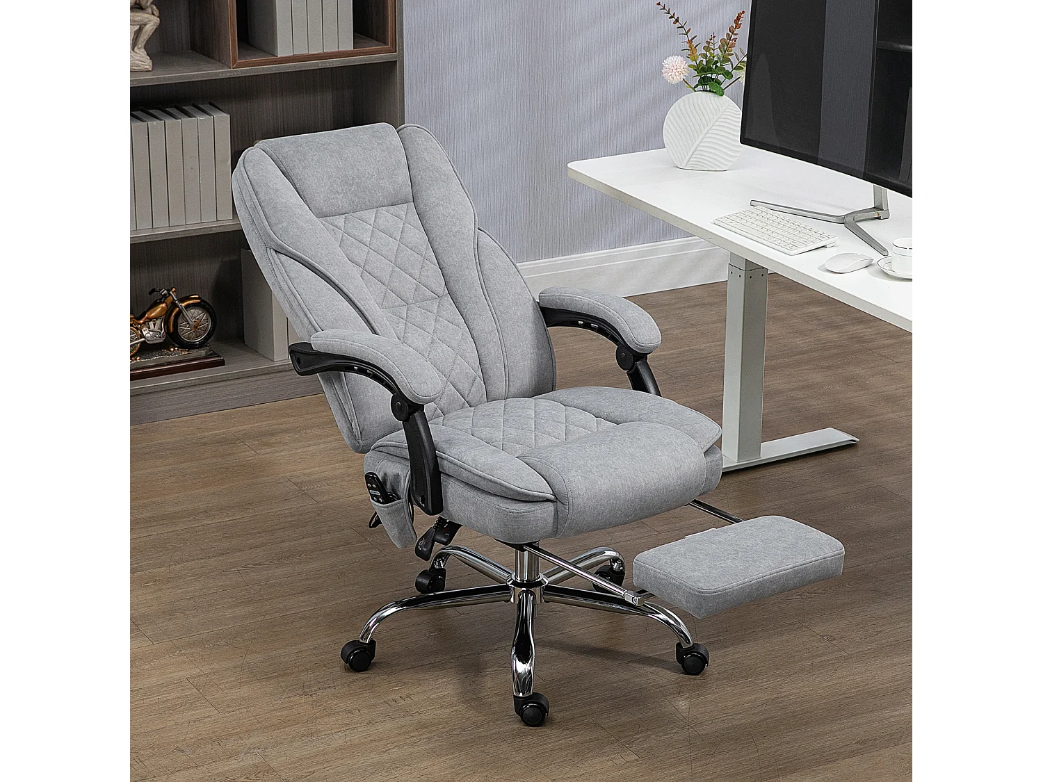 Fauteuil de bureau manager massant chauffant inclinable réglable télécommande repose-pieds rétractable velours gris clair
