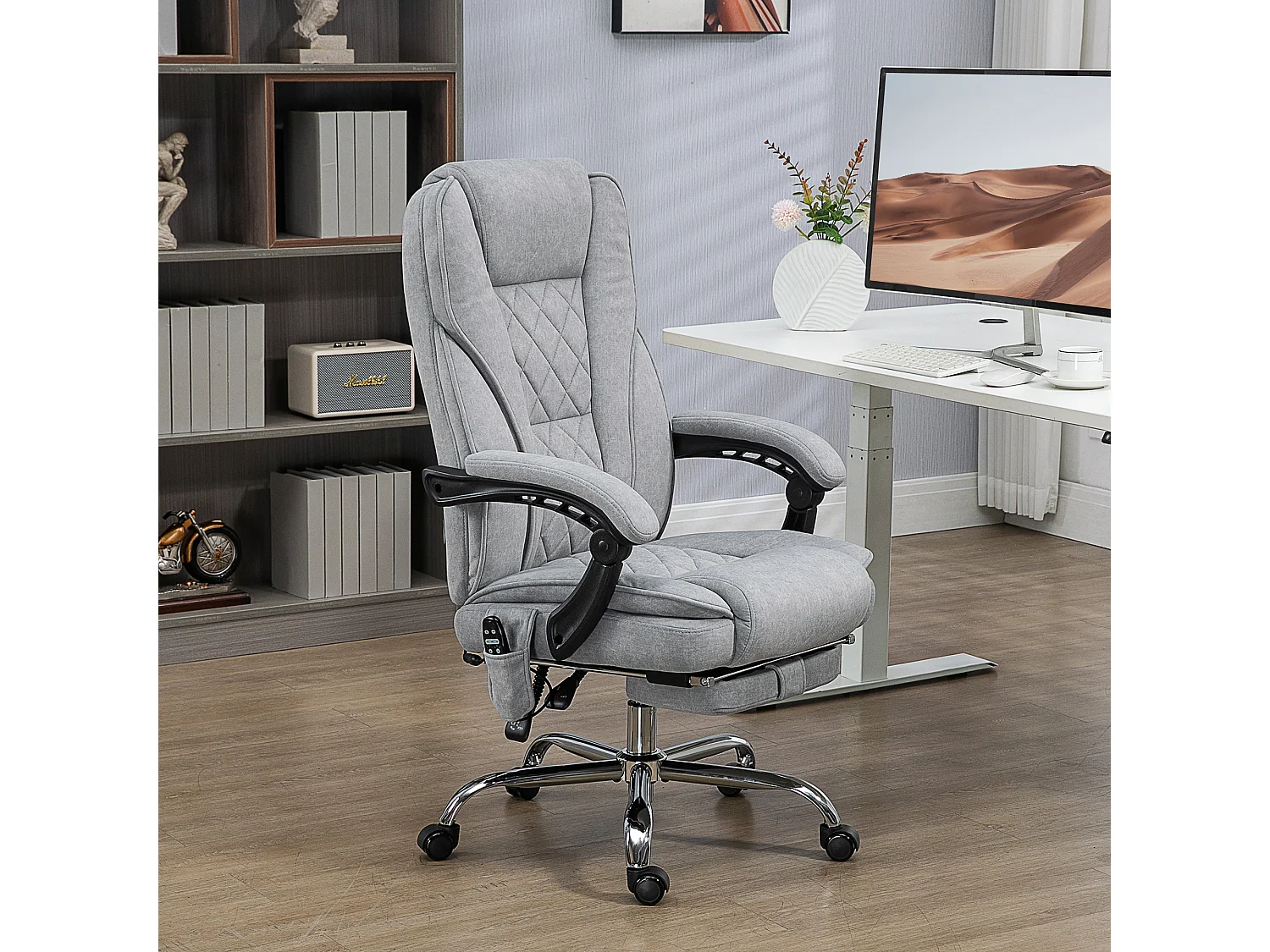 Fauteuil de bureau manager massant chauffant inclinable réglable télécommande repose-pieds rétractable velours gris clair