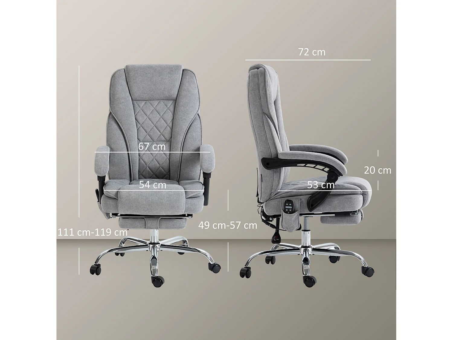Fauteuil de bureau manager massant chauffant inclinable réglable télécommande repose-pieds rétractable velours gris clair
