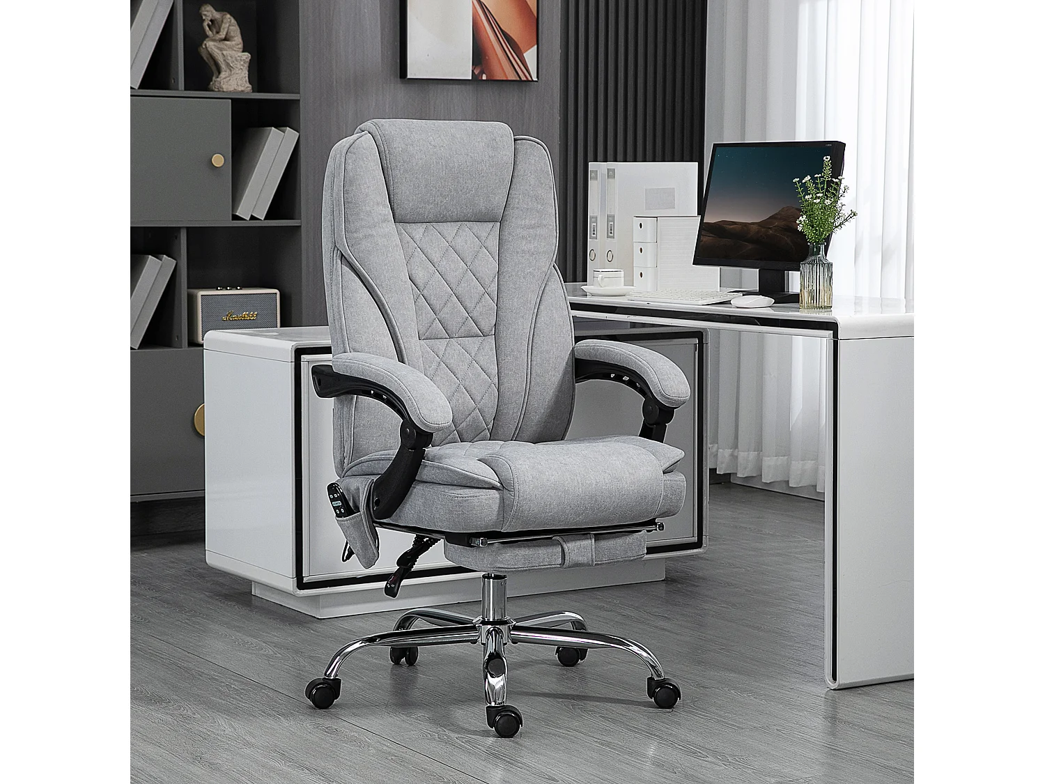 Fauteuil de bureau manager massant chauffant inclinable réglable télécommande repose-pieds rétractable velours gris clair