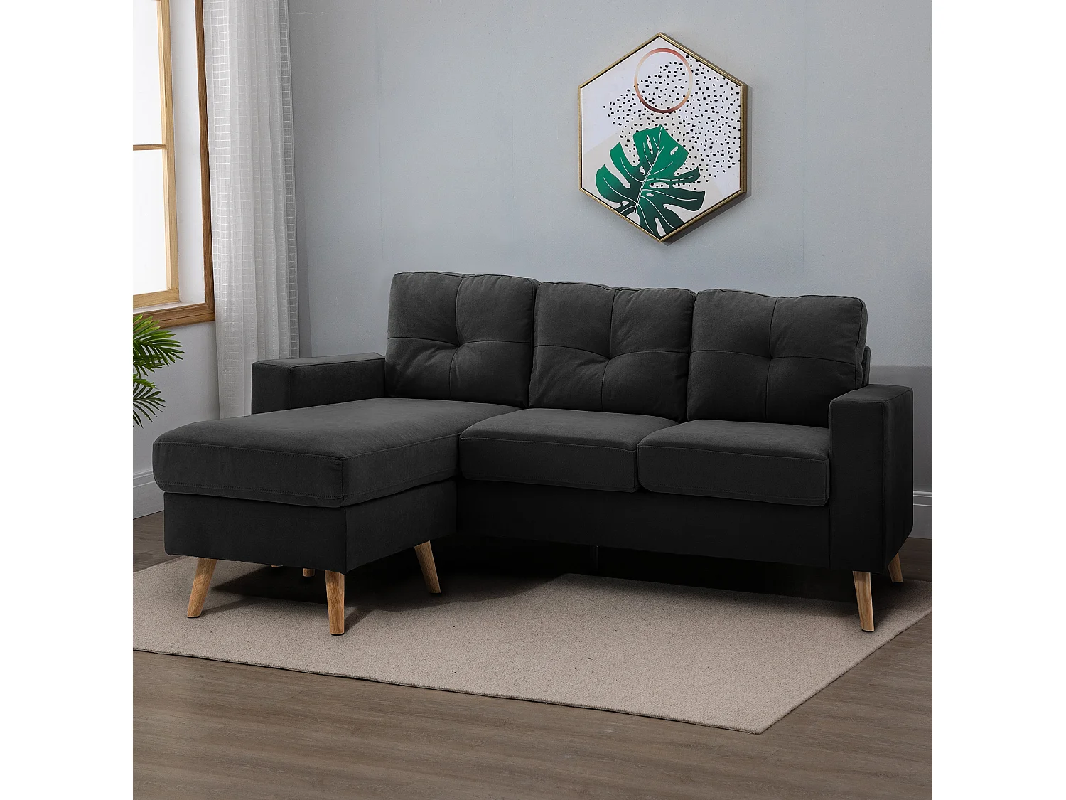 Canapé d'angle 3 places design scandinave - dossier effet capitonné, repose-pied amovible - piètement bois tissu noir