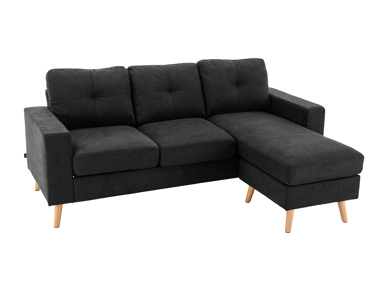 Canapé d'angle 3 places design scandinave - dossier effet capitonné, repose-pied amovible - piètement bois tissu noir