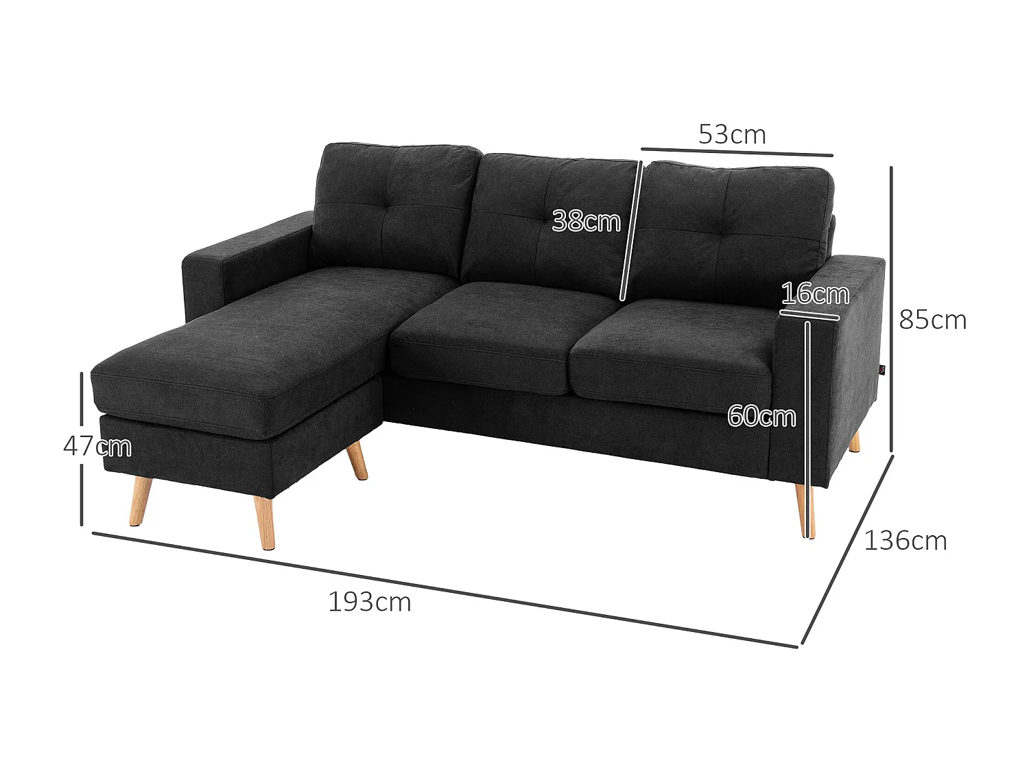 Canapé d'angle 3 places design scandinave - dossier effet capitonné, repose-pied amovible - piètement bois tissu noir