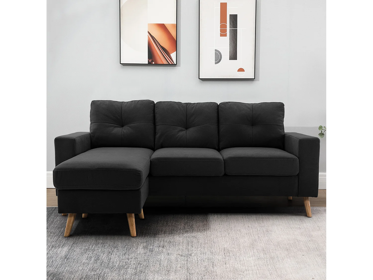 Canapé d'angle 3 places design scandinave - dossier effet capitonné, repose-pied amovible - piètement bois tissu noir