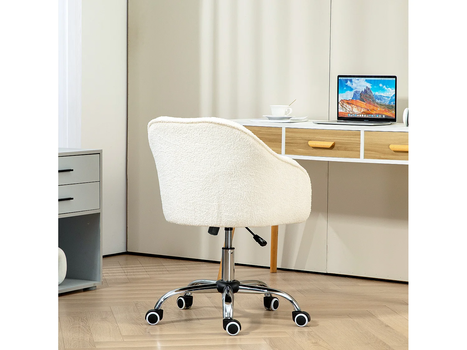 Chaise de bureau tissu bouclette design hauteur réglable pivotante piètement acier crème