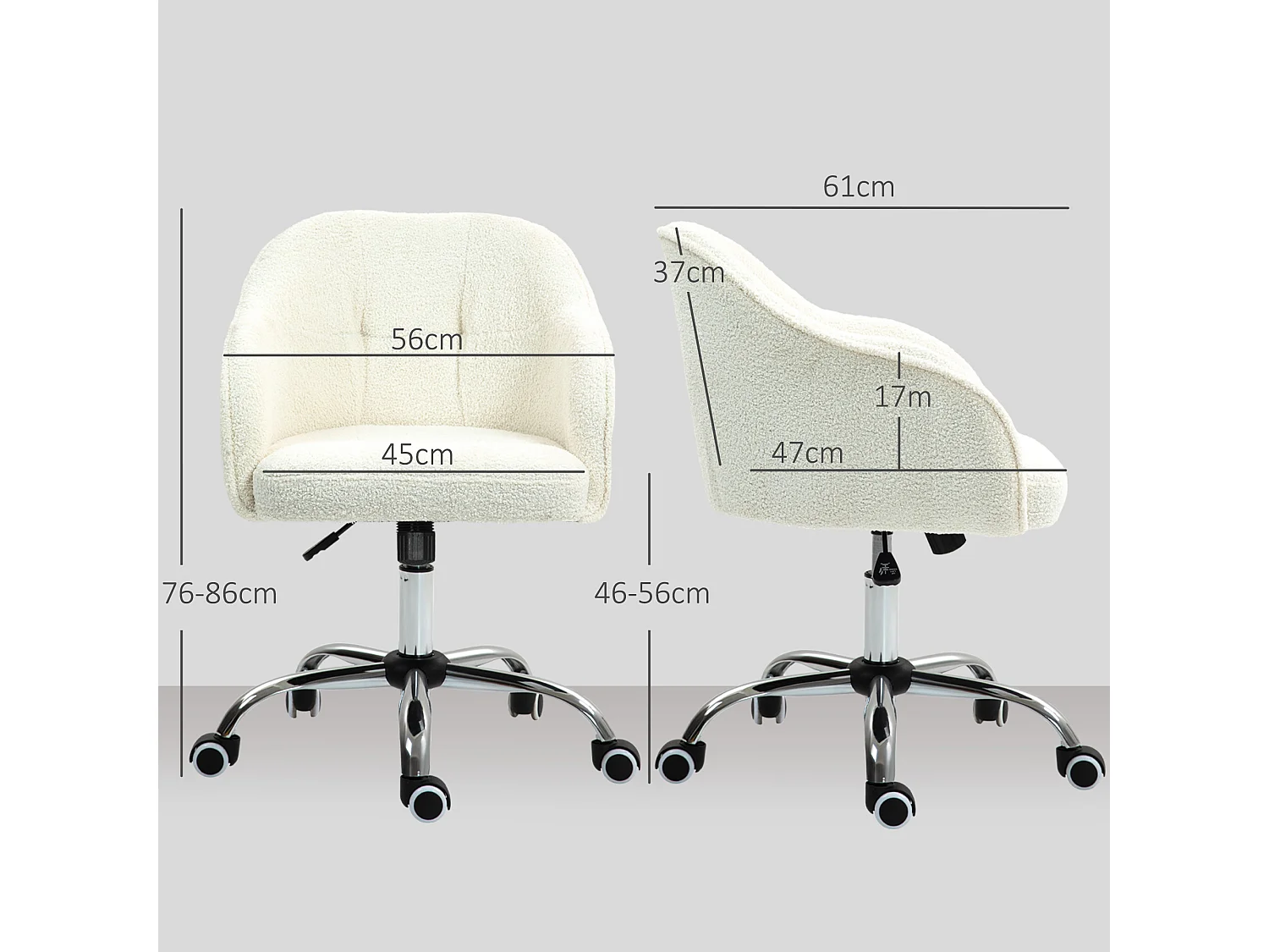 Chaise de bureau tissu bouclette design hauteur réglable pivotante piètement acier crème
