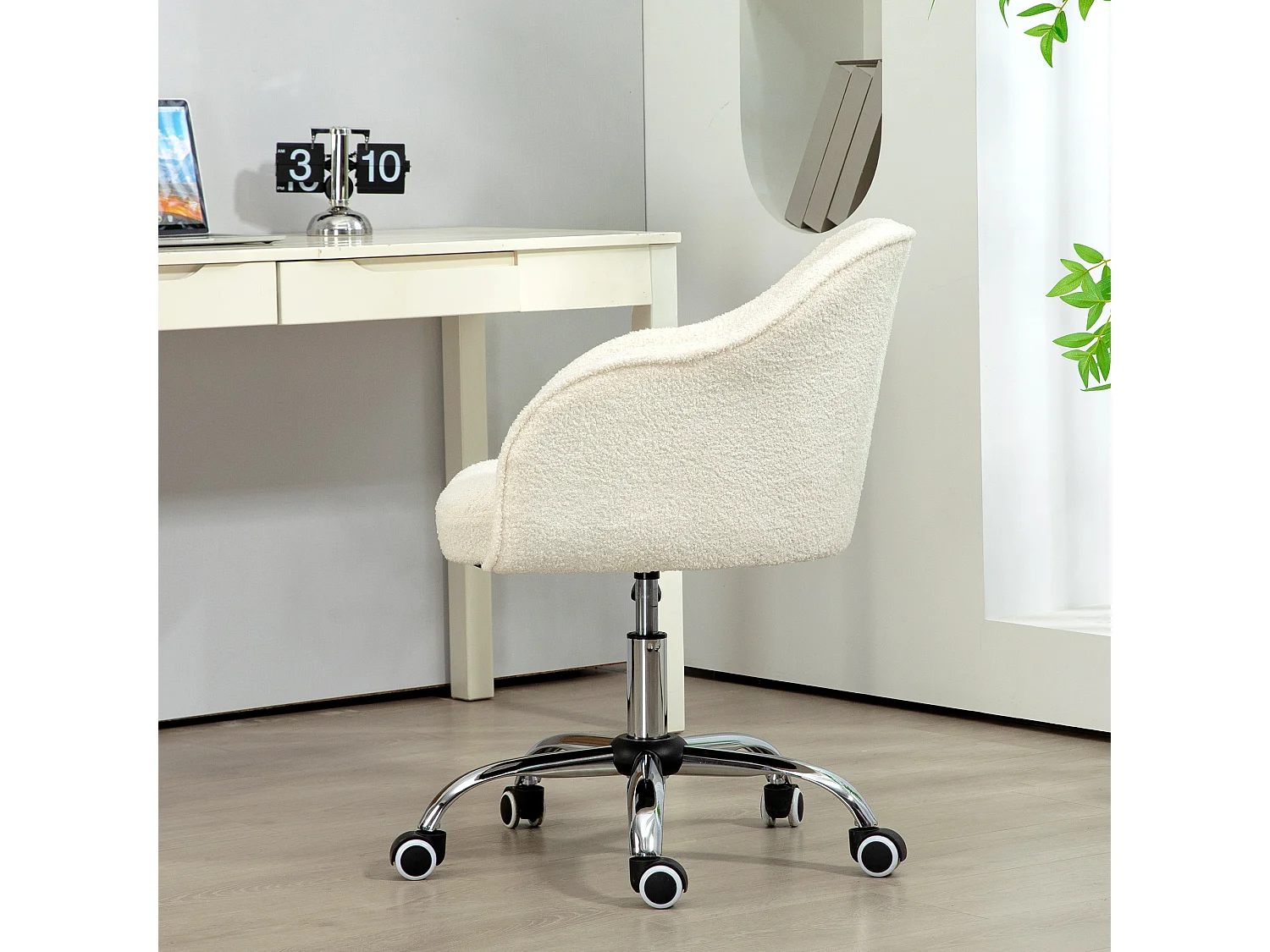Chaise de bureau tissu bouclette design hauteur réglable pivotante piètement acier crème
