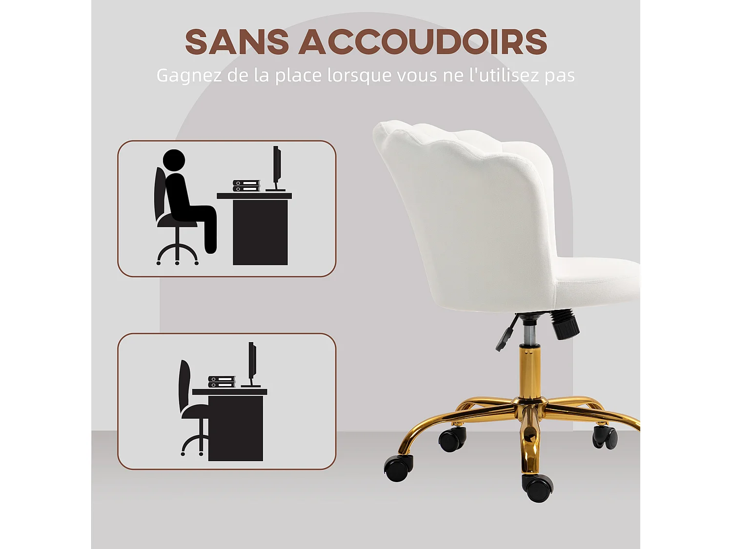 Chaise bureau velours design coquillage piètement acier doré blanc