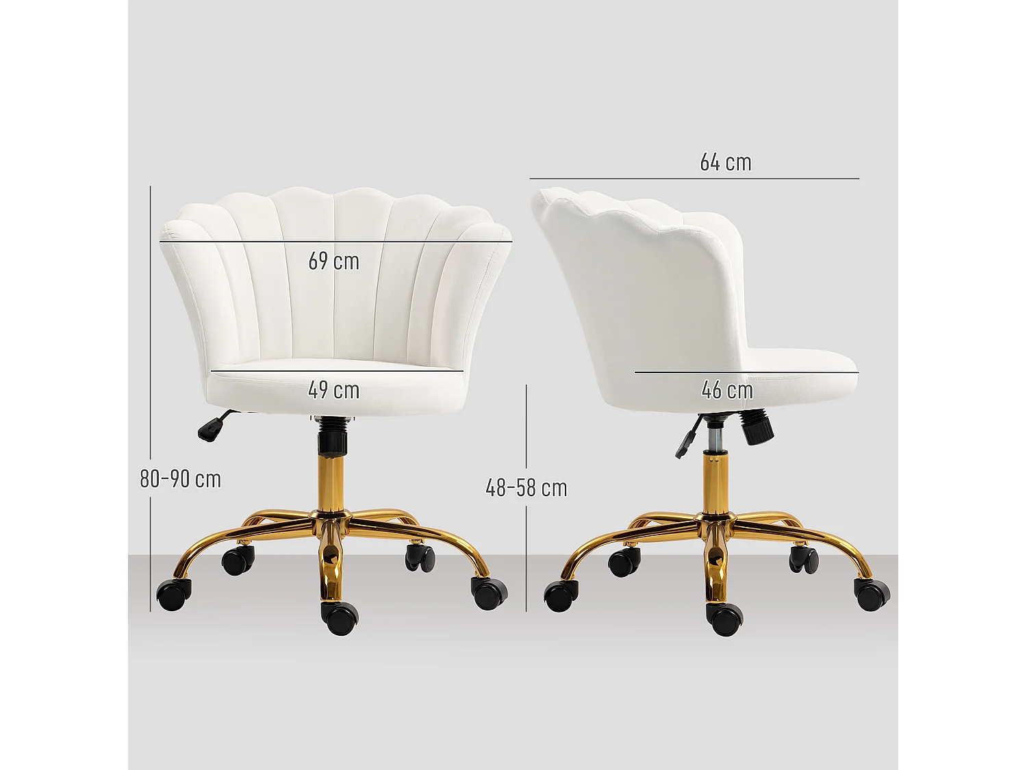 Chaise bureau velours design coquillage piètement acier doré blanc