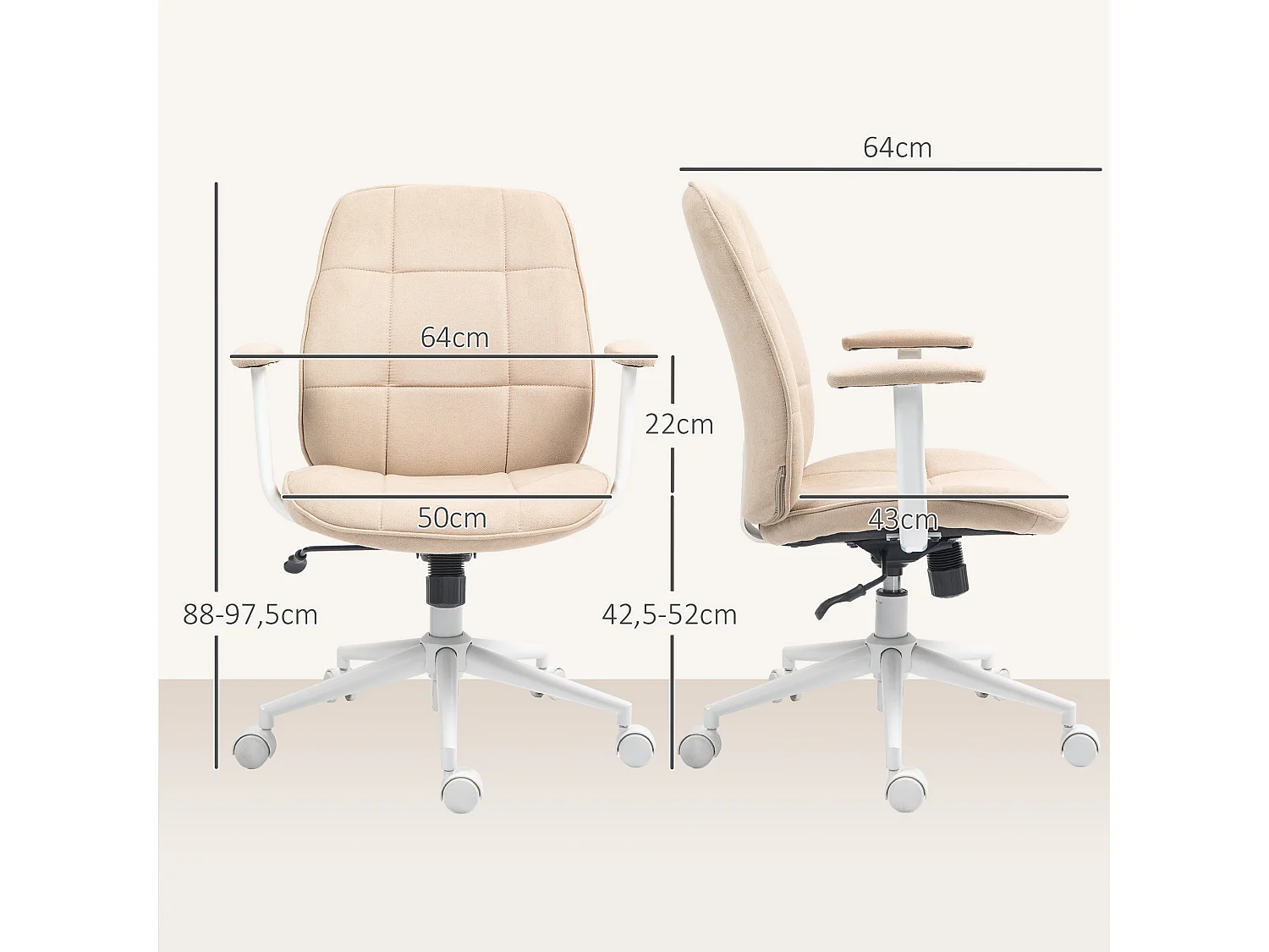 Chaise de bureau style Chesterfield - réglable, fonction bascule verrouillable - tissu beige