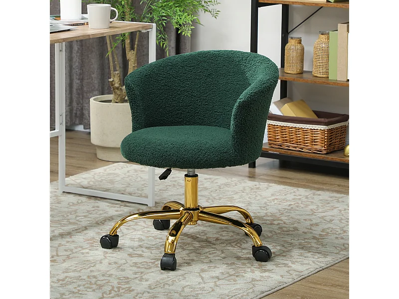 Chaise de bureau design effet courte laine bouclée piètement métal doré vert