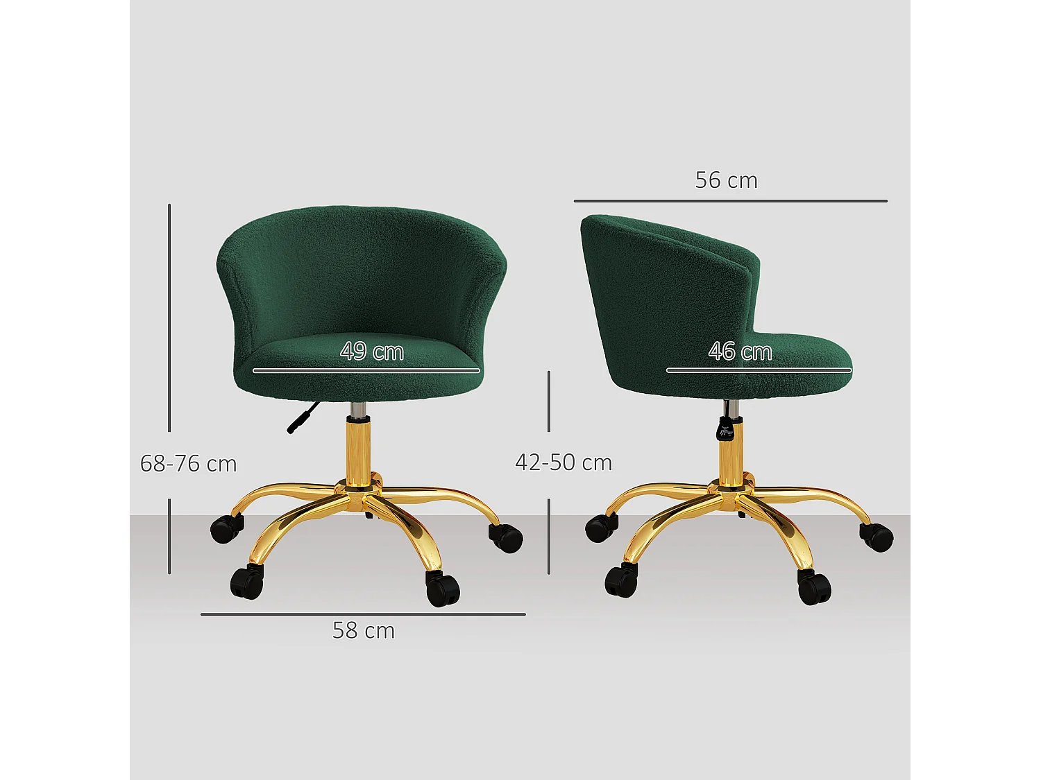 Chaise de bureau design effet courte laine bouclée piètement métal doré vert