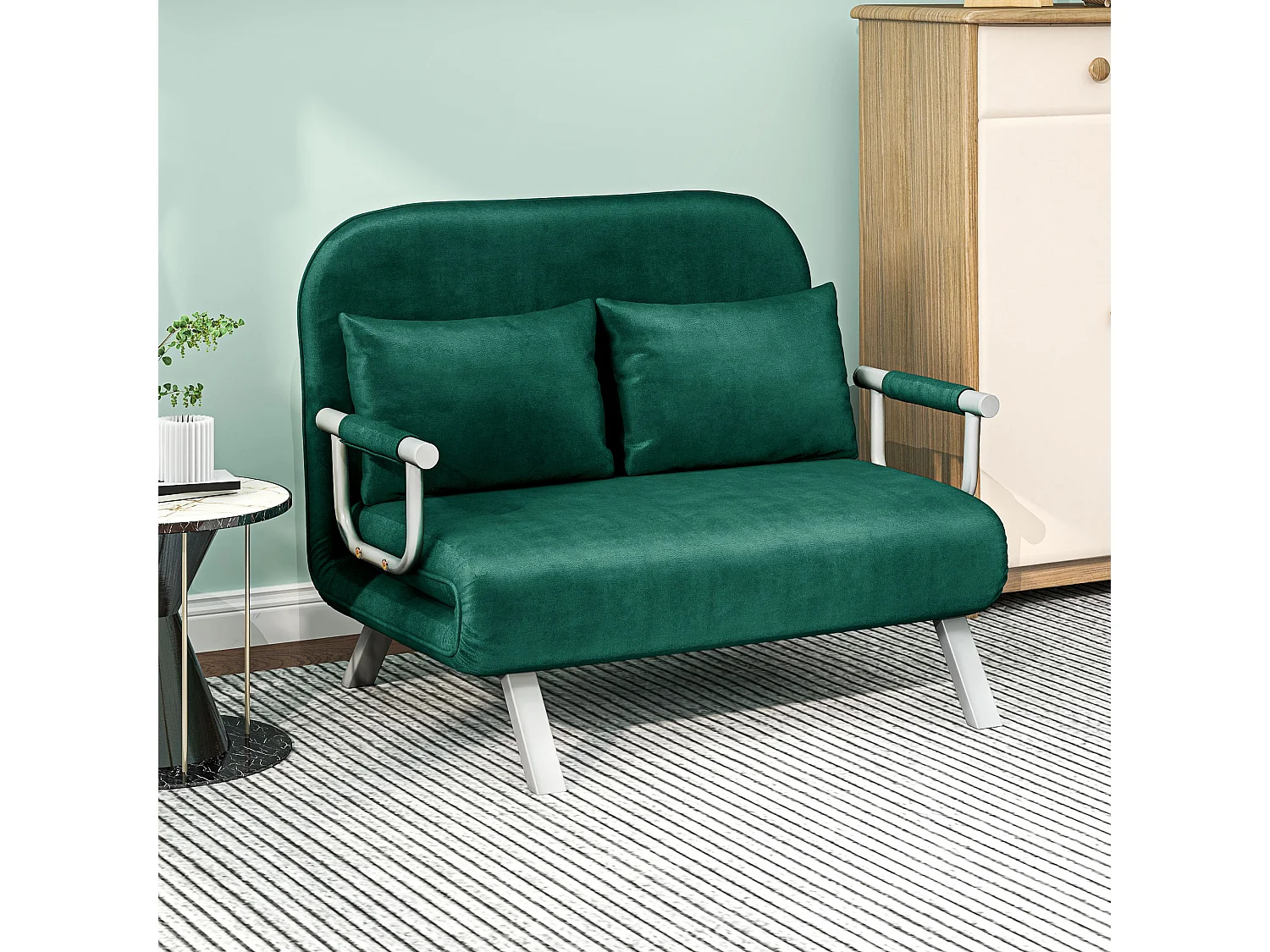 Canapé-lit canapé convertible 2 places déhoussable grand confort 2 coussins fournis pieds accoudoirs métal suède vert émeraude