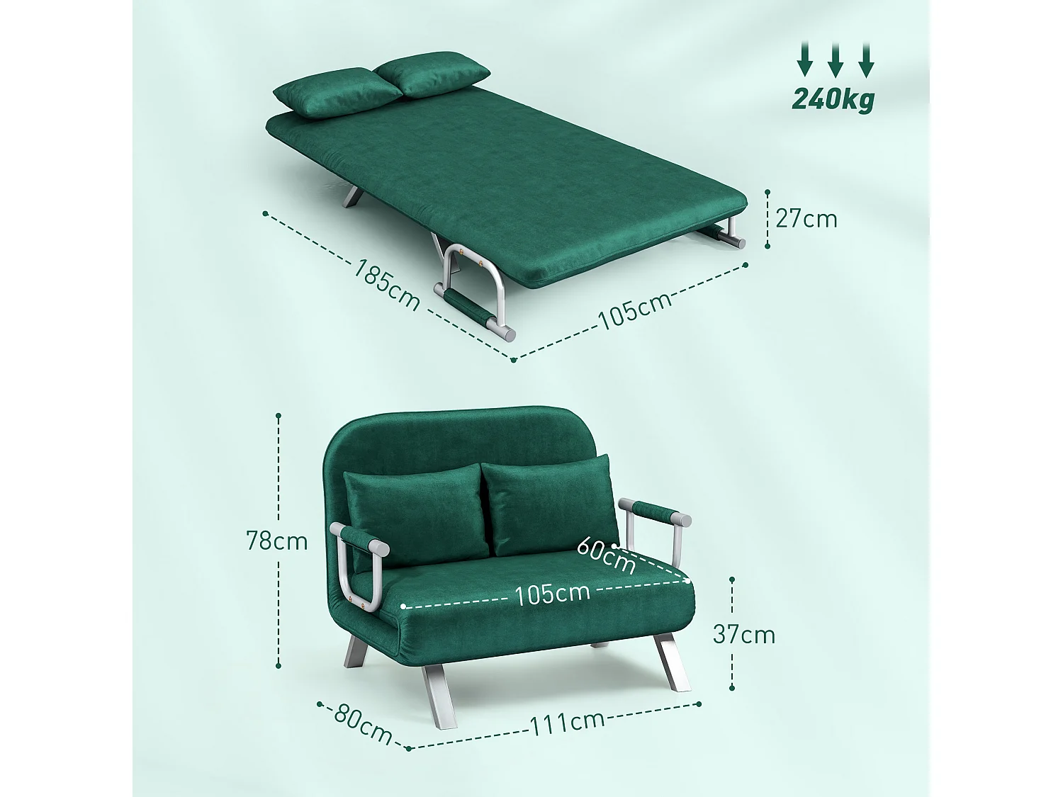 Canapé-lit canapé convertible 2 places déhoussable grand confort 2 coussins fournis pieds accoudoirs métal suède vert émeraude