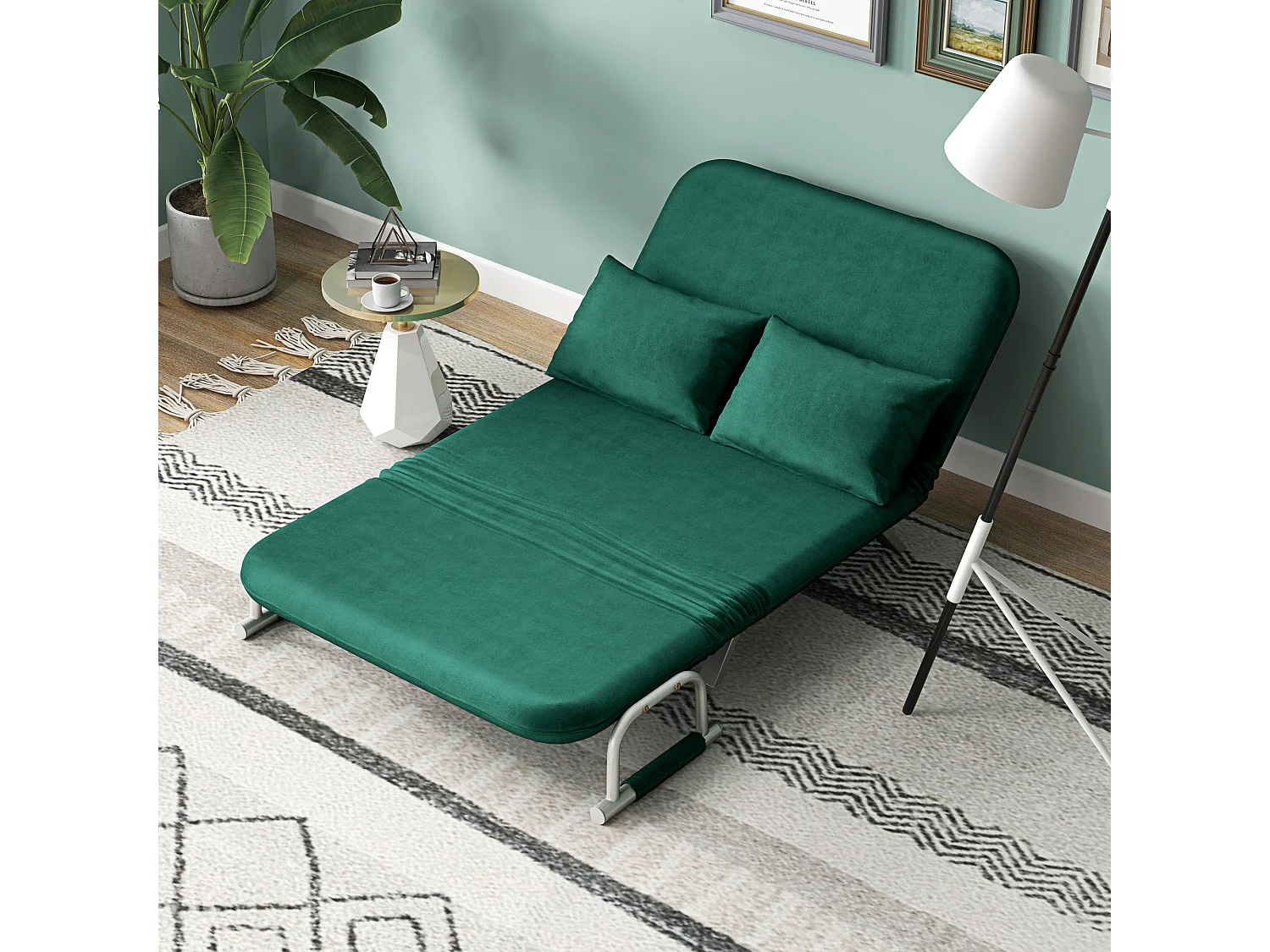 Canapé-lit canapé convertible 2 places déhoussable grand confort 2 coussins fournis pieds accoudoirs métal suède vert émeraude