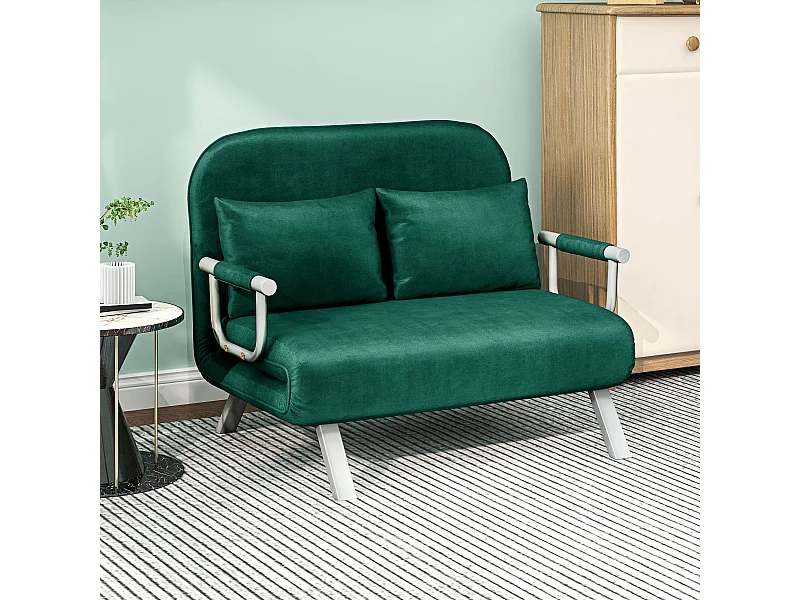 Canapé-lit canapé convertible 2 places déhoussable grand confort 2 coussins fournis pieds accoudoirs métal suède vert émeraude