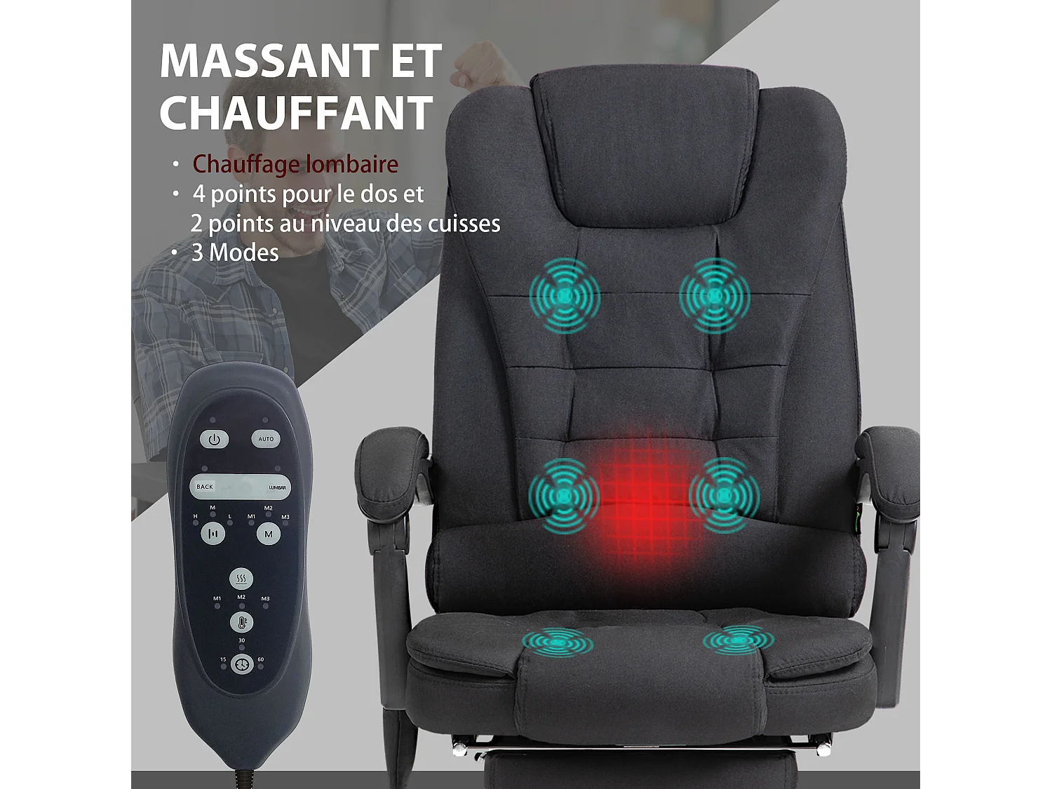 Fauteuil de bureau direction massant chauffant hauteur réglable dossier inclinable tissu noir