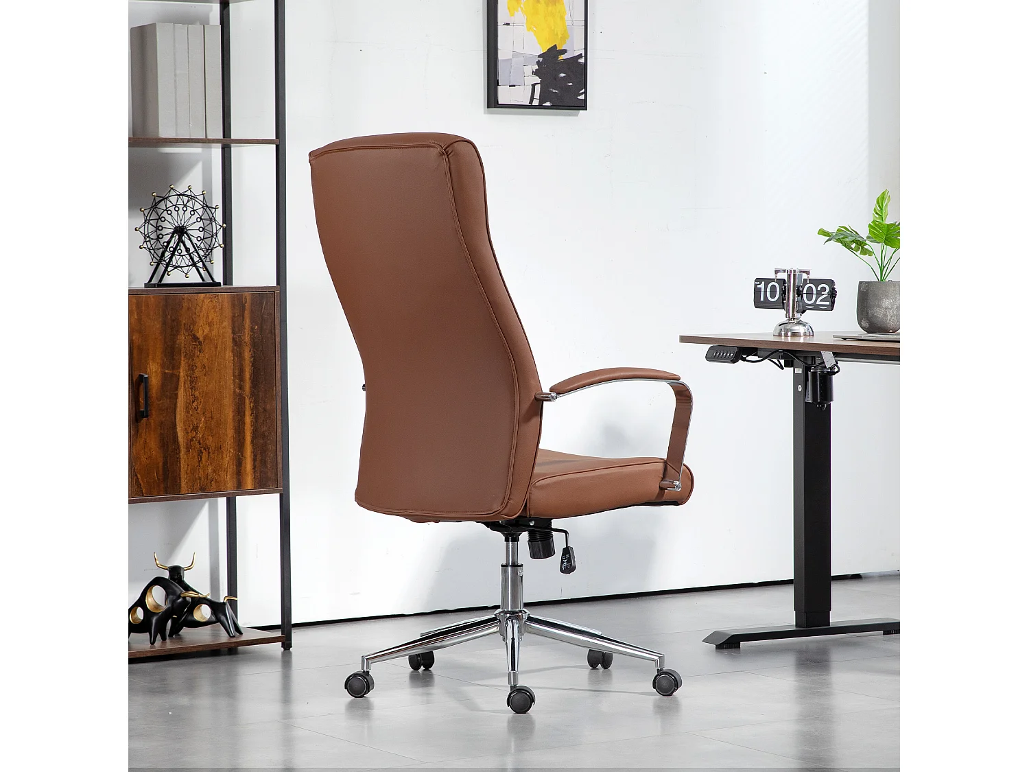 Chaise de bureau direction ergonomique réglable métal chromé synthétique marron