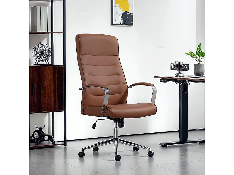 Chaise de bureau direction ergonomique réglable métal chromé synthétique marron