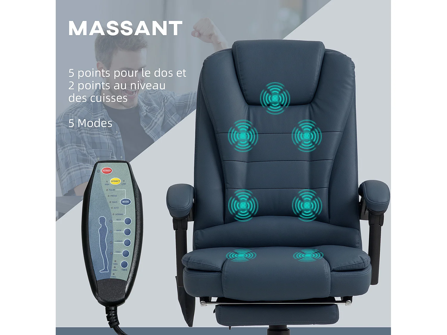 Fauteuil de bureau direction massant inclinable réglable repose-pied coussin lombaires synthétique bleu