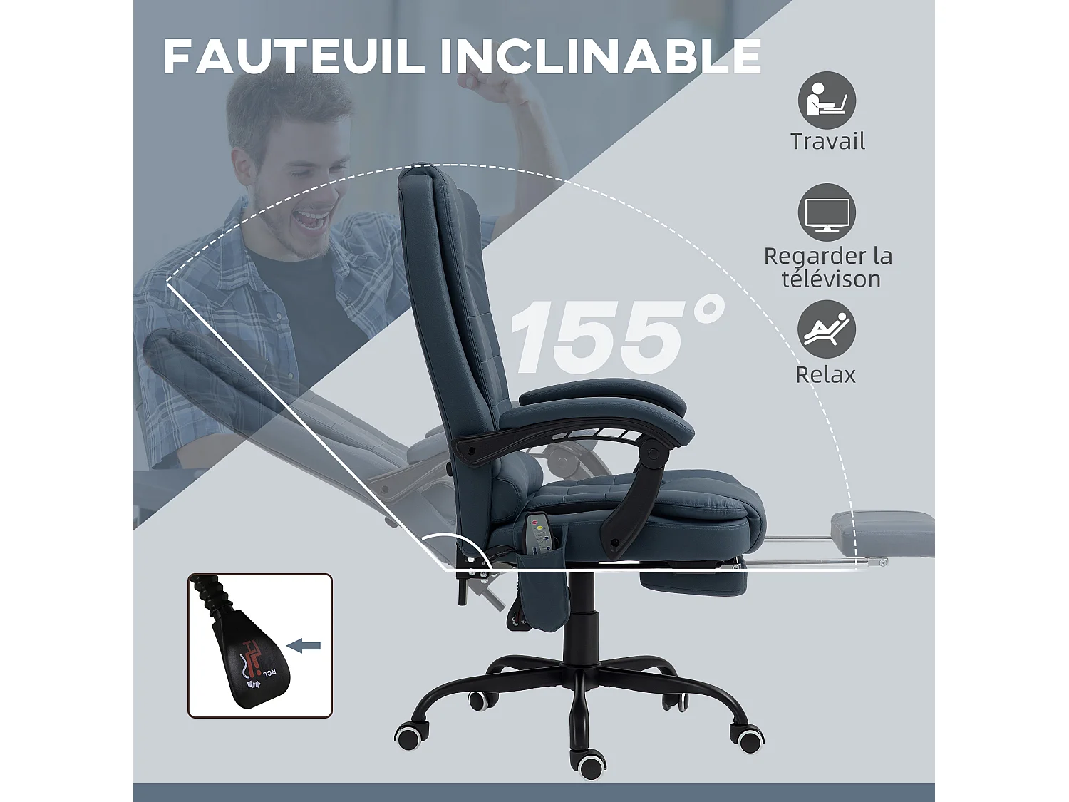 Fauteuil de bureau direction massant inclinable réglable repose-pied coussin lombaires synthétique bleu