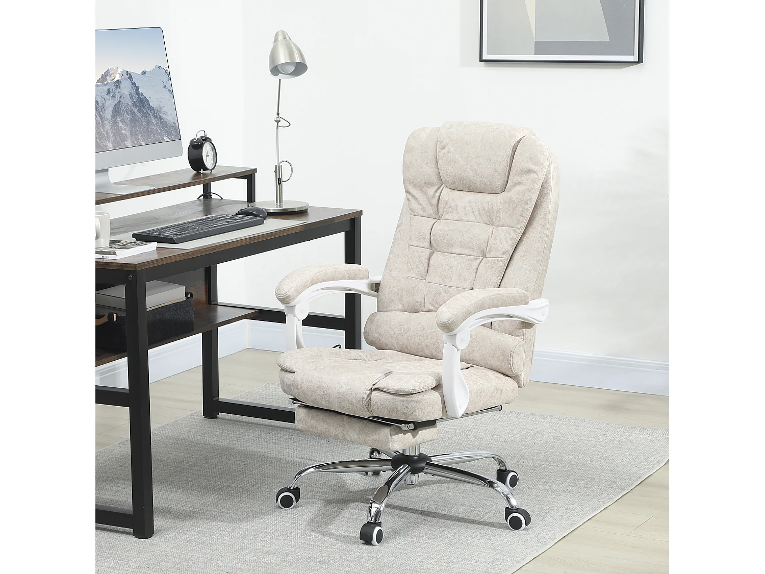 Fauteuil de bureau direction massant chauffant hauteur réglable dossier inclinable tissu beige