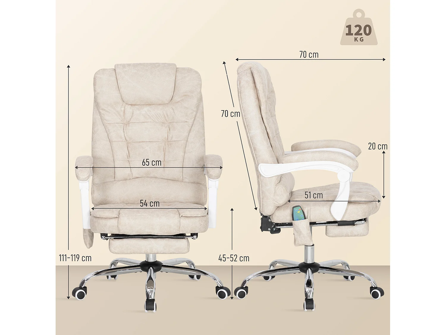 Fauteuil de bureau direction massant chauffant hauteur réglable dossier inclinable tissu beige