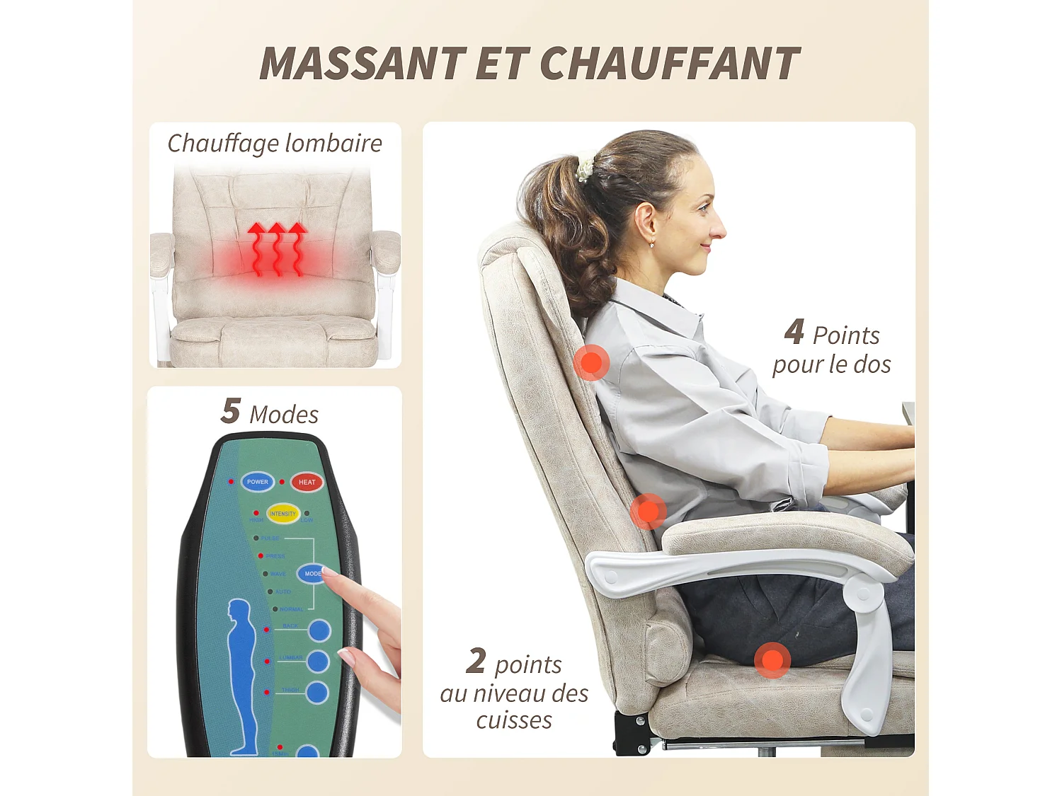 Fauteuil de bureau direction massant chauffant hauteur réglable dossier inclinable tissu beige
