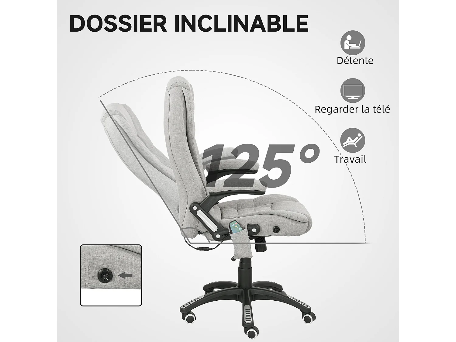 Fauteuil de bureau direction massant chauffant hauteur réglable dossier inclinable toile de lin gris clair