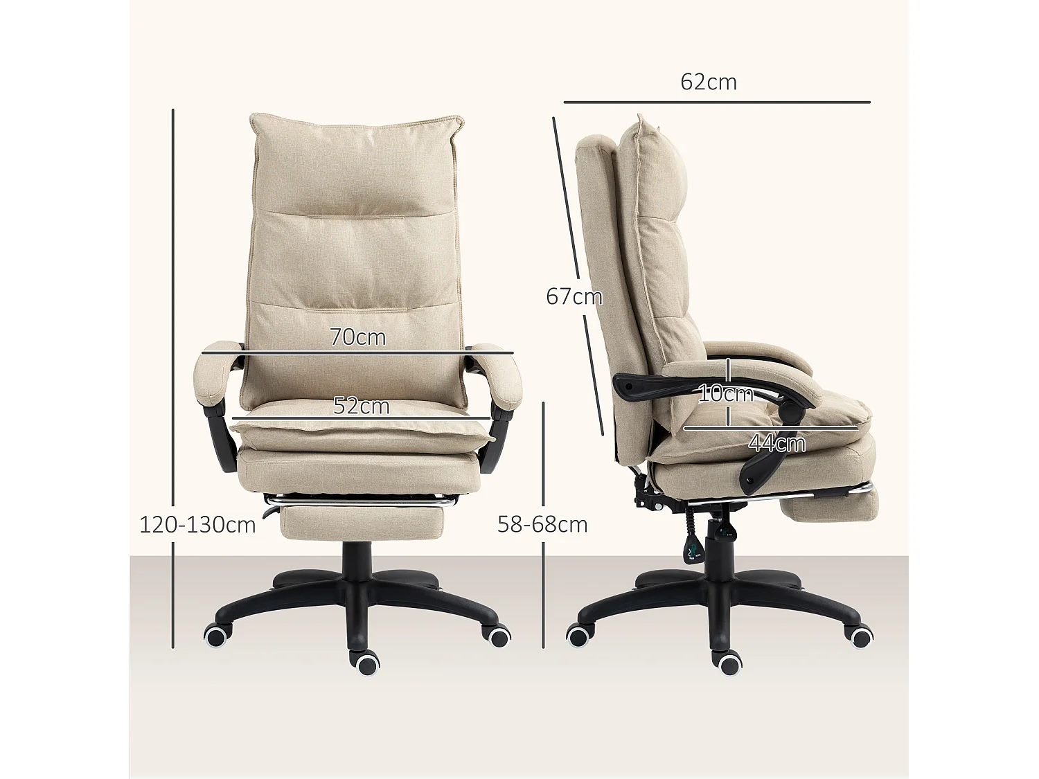 Fauteuil de bureau direction massant hauteur réglable dossier inclinable repose-pied intégré toile de lin beige