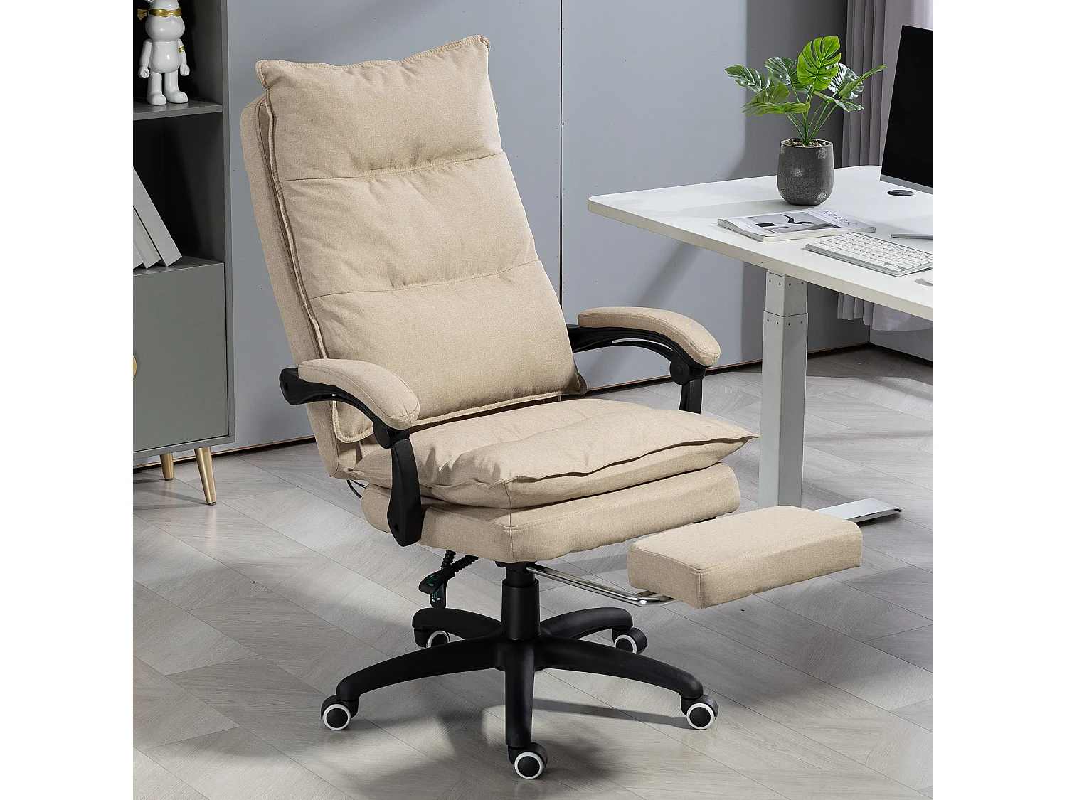 Fauteuil de bureau direction massant hauteur réglable dossier inclinable repose-pied intégré toile de lin beige