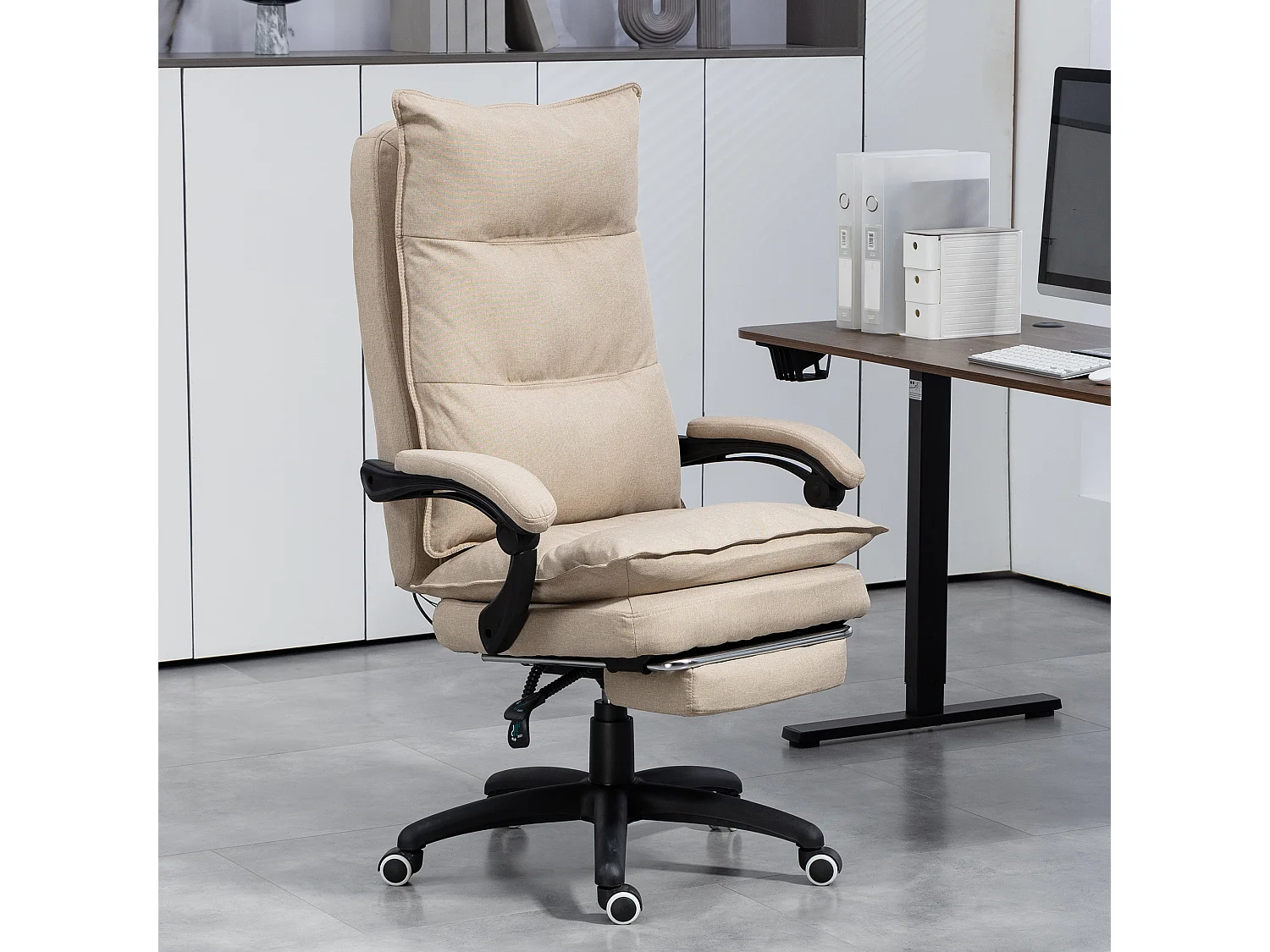 Fauteuil de bureau direction massant hauteur réglable dossier inclinable repose-pied intégré toile de lin beige