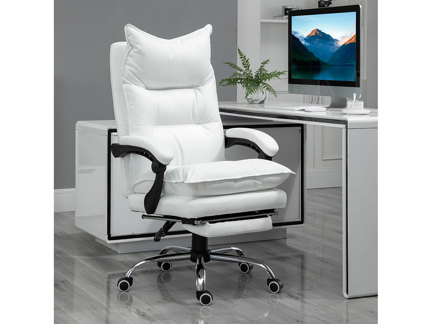 Fauteuil de bureau direction hauteur réglable dossier inclinable repose-pied intégré revêtement synthétique blanc