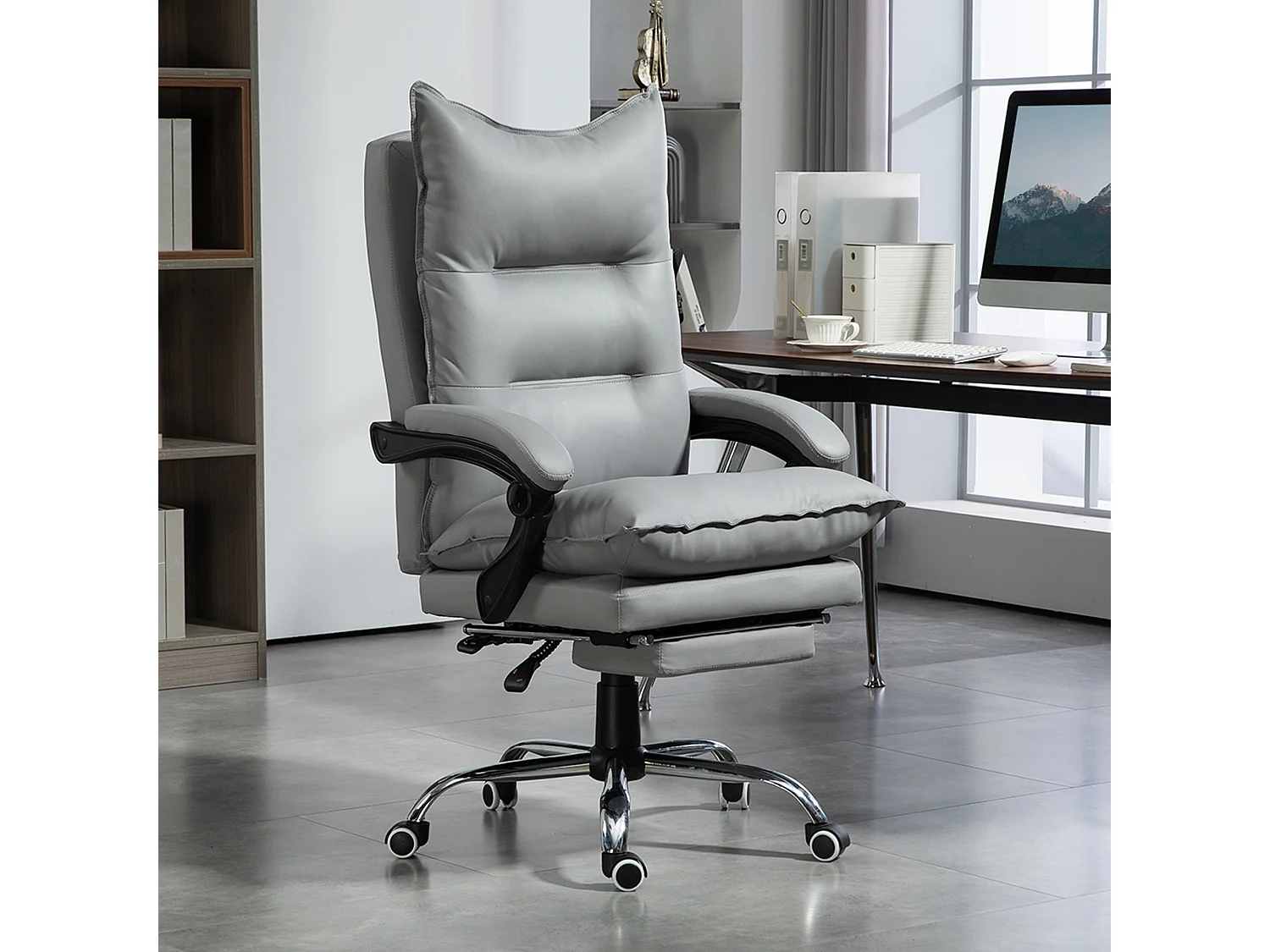 Fauteuil de bureau direction hauteur réglable dossier inclinable repose-pied intégré revêtement synthétique gris