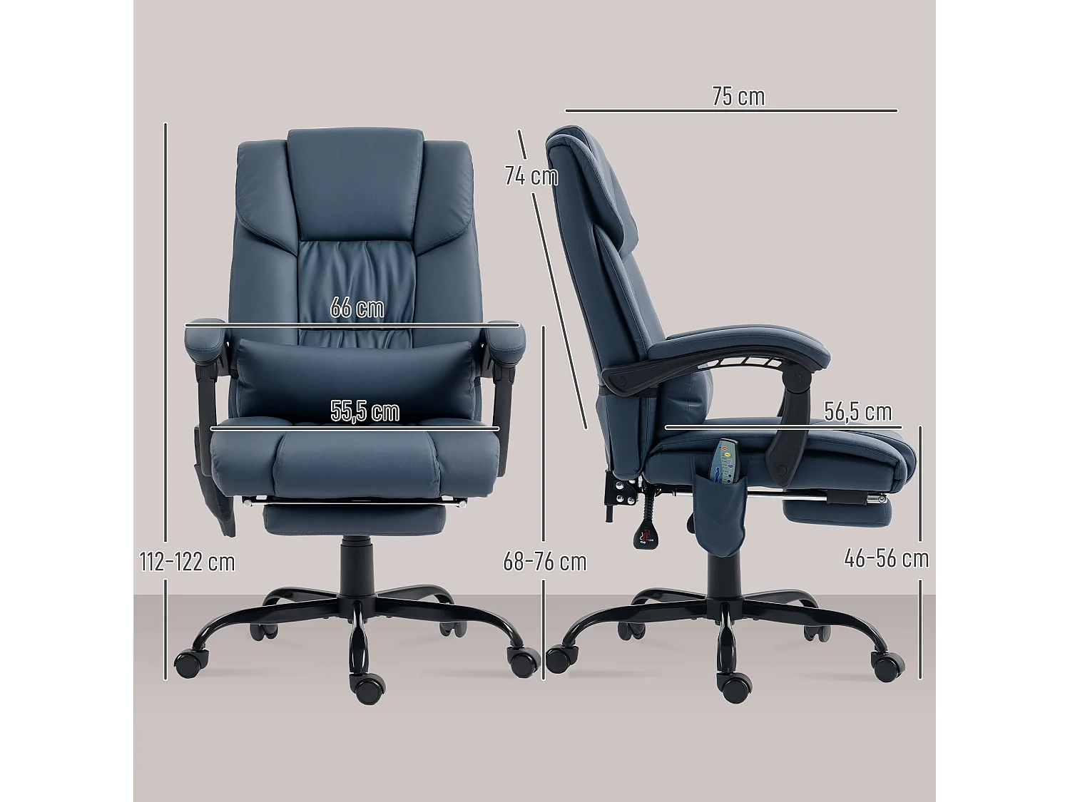 Fauteuil de bureau direction massant inclinable réglable - repose-pieds rétractable intégré - acier noir PU bleu