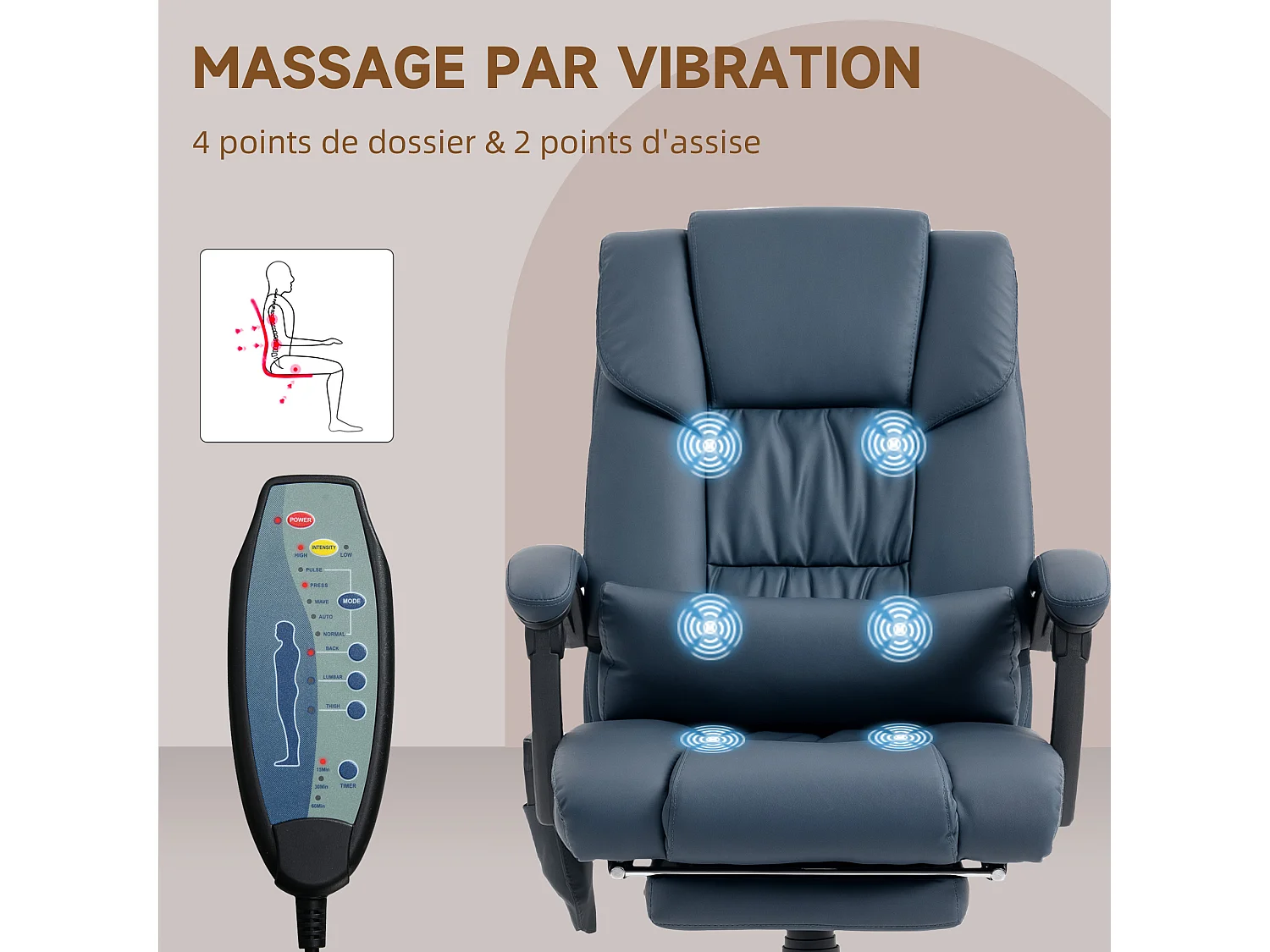 Fauteuil de bureau direction massant inclinable réglable - repose-pieds rétractable intégré - acier noir PU bleu