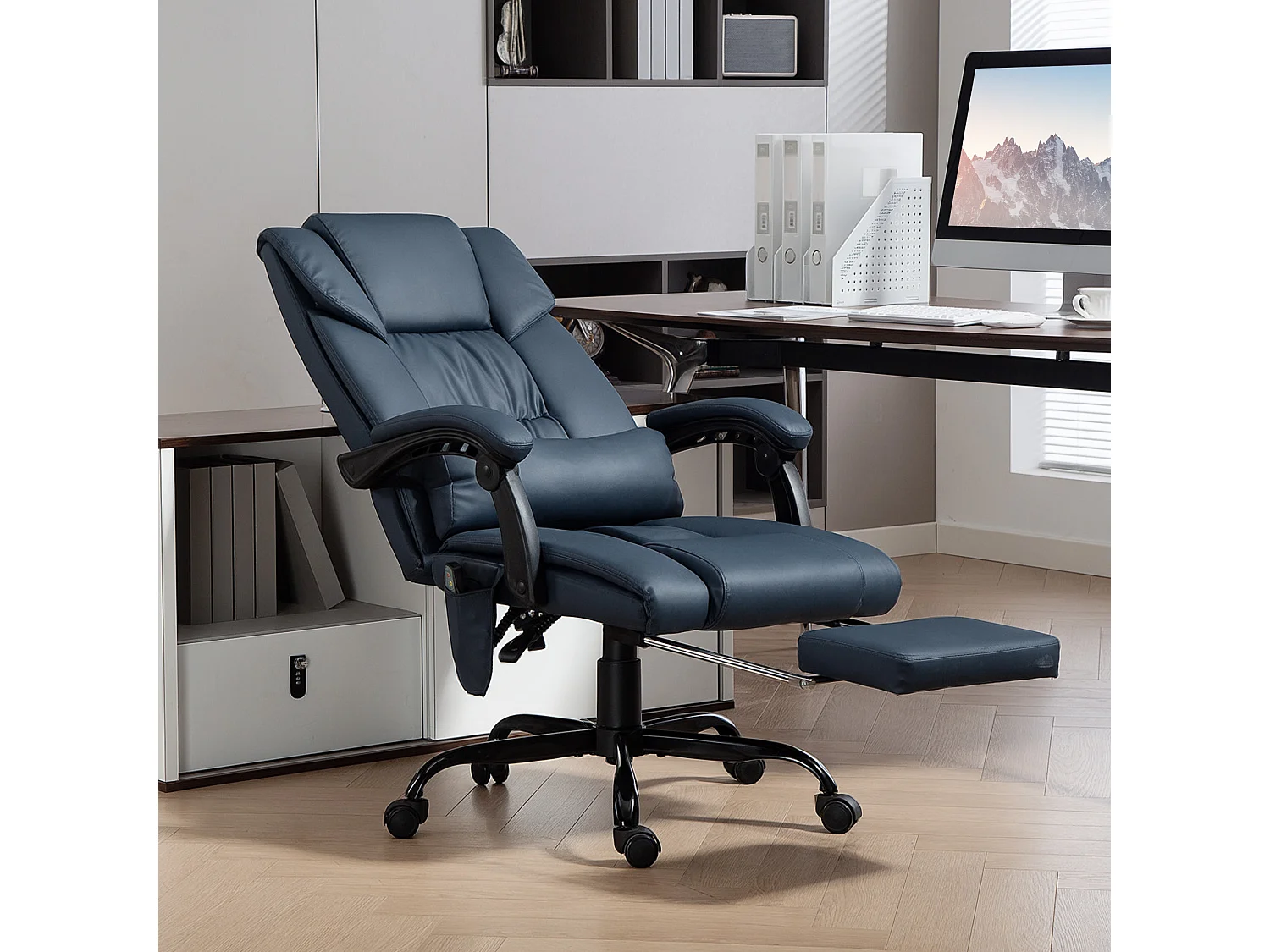 Fauteuil de bureau direction massant inclinable réglable - repose-pieds rétractable intégré - acier noir PU bleu