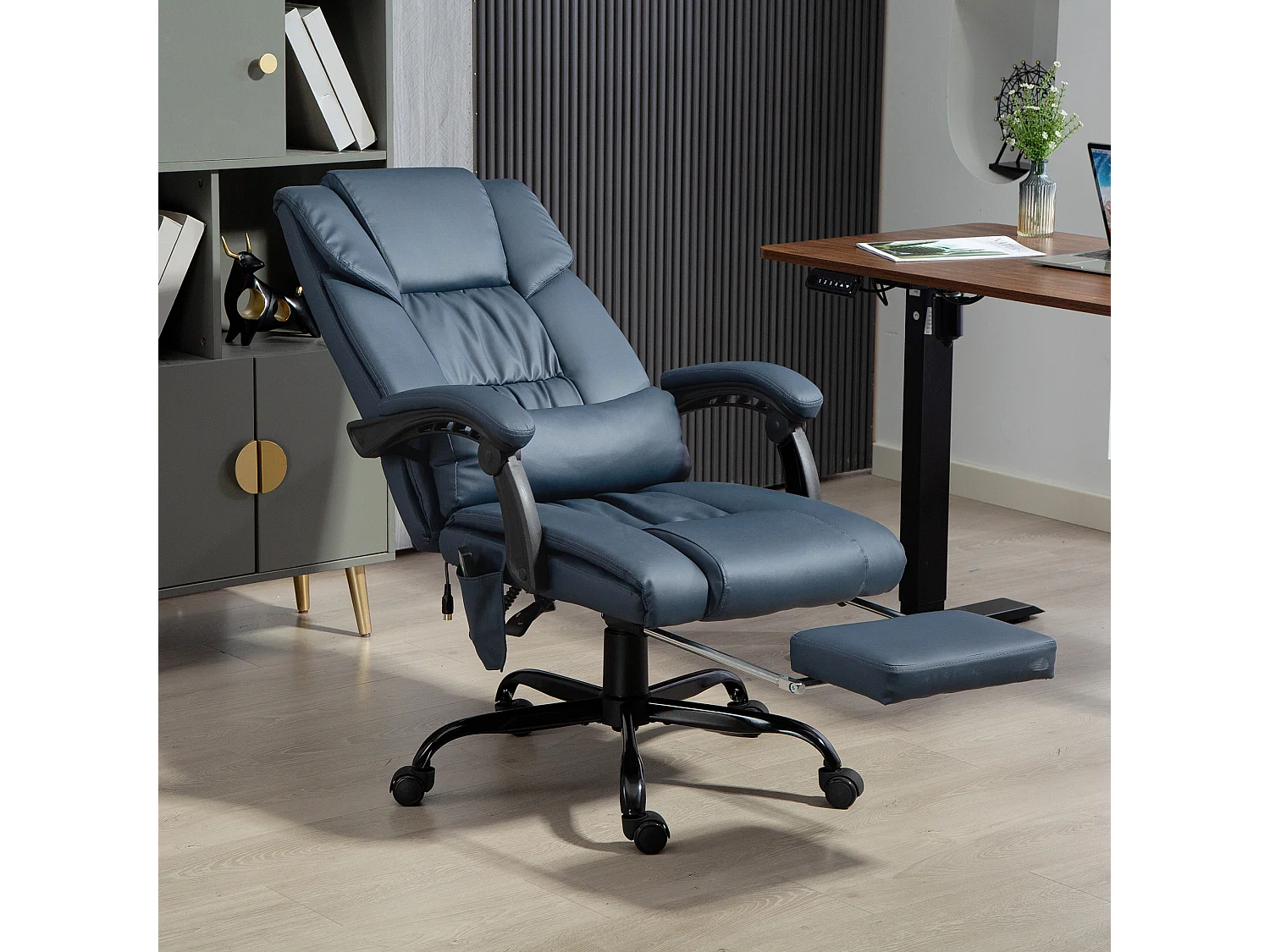 Fauteuil de bureau direction massant inclinable réglable - repose-pieds rétractable intégré - acier noir PU bleu