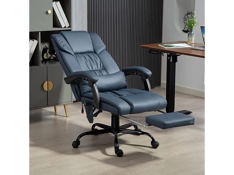 Fauteuil de bureau direction massant inclinable réglable - repose-pieds rétractable intégré - acier noir PU bleu