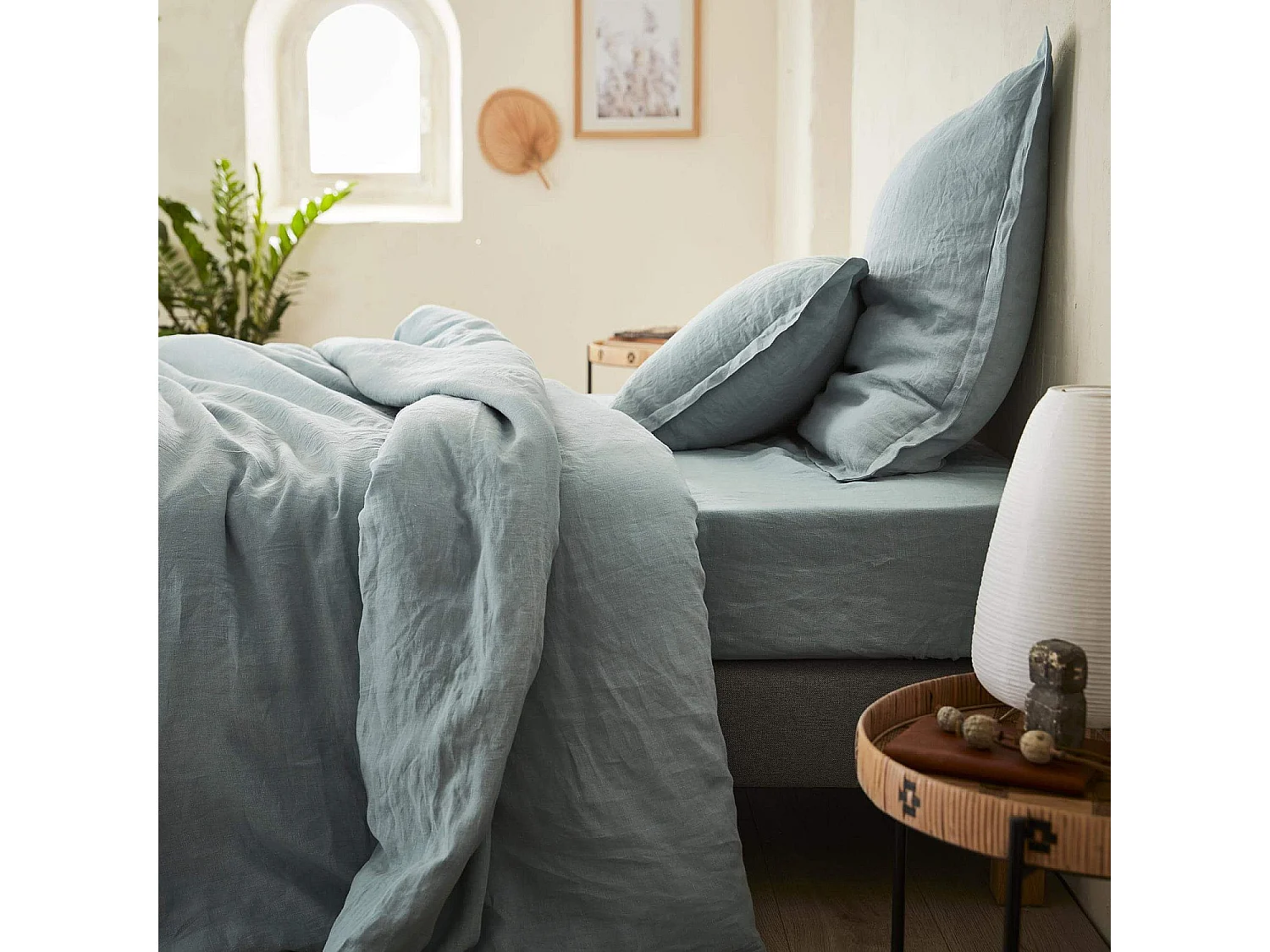 Habitat - Drap housse en lin - 160 x 200 cm - Bleu clair - Linen