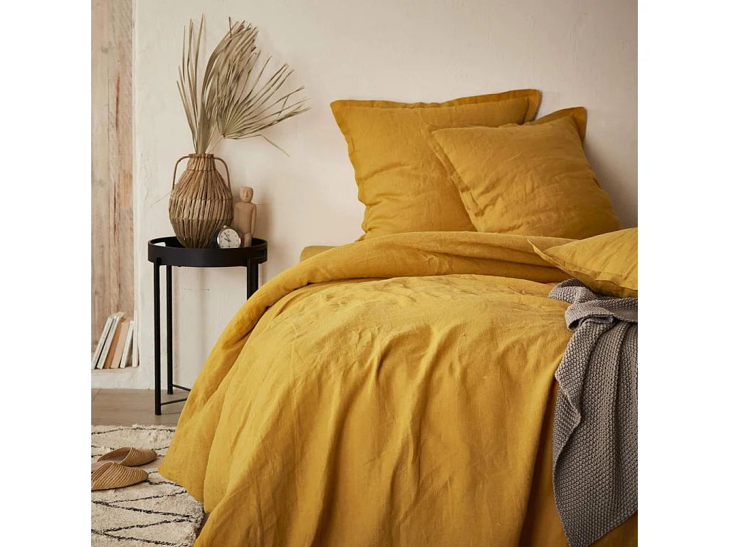 Habitat - Drap housse en lin - 160 x 200 cm - Jaune moutarde - Linen