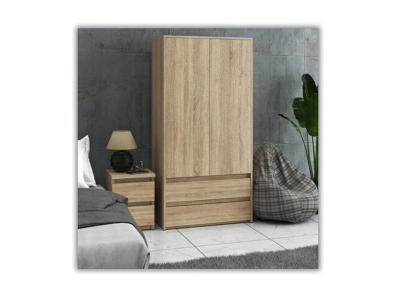 Armoire Dressing Moderne 90 cm – 2 Portes, 2 Tiroirs,  Chêne Sonoma– Grande Capacité de Rangement