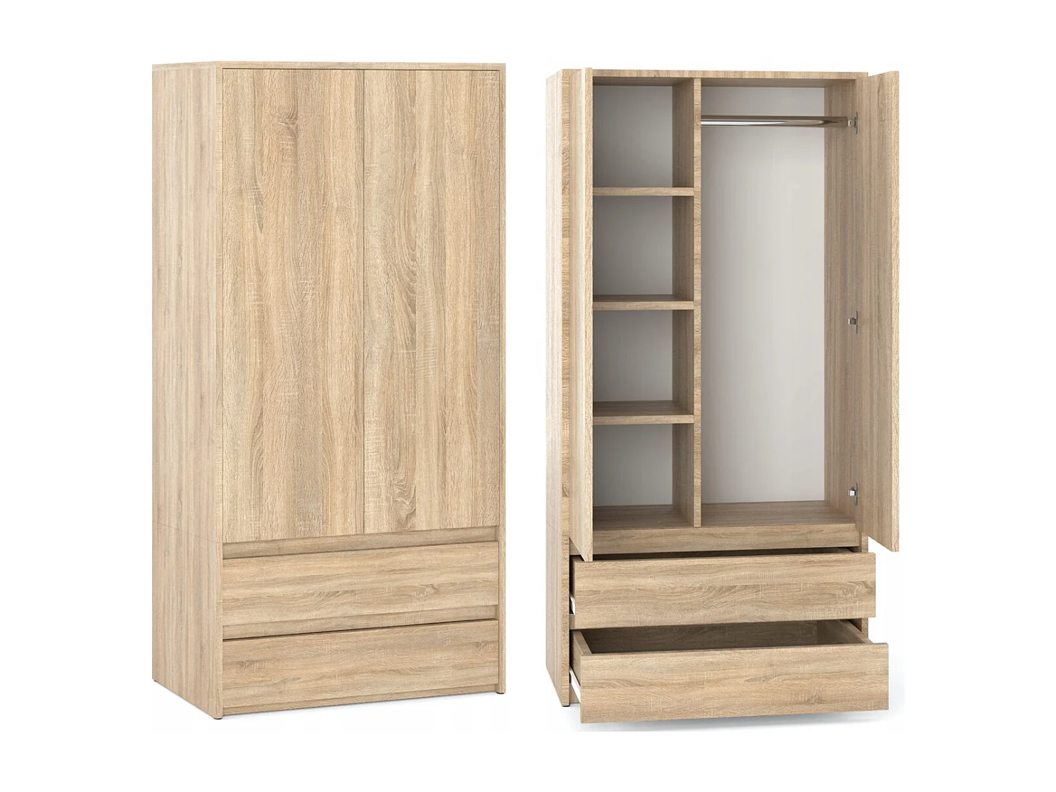 Armoire Dressing Moderne 90 cm – 2 Portes, 2 Tiroirs,  Chêne Sonoma– Grande Capacité de Rangement